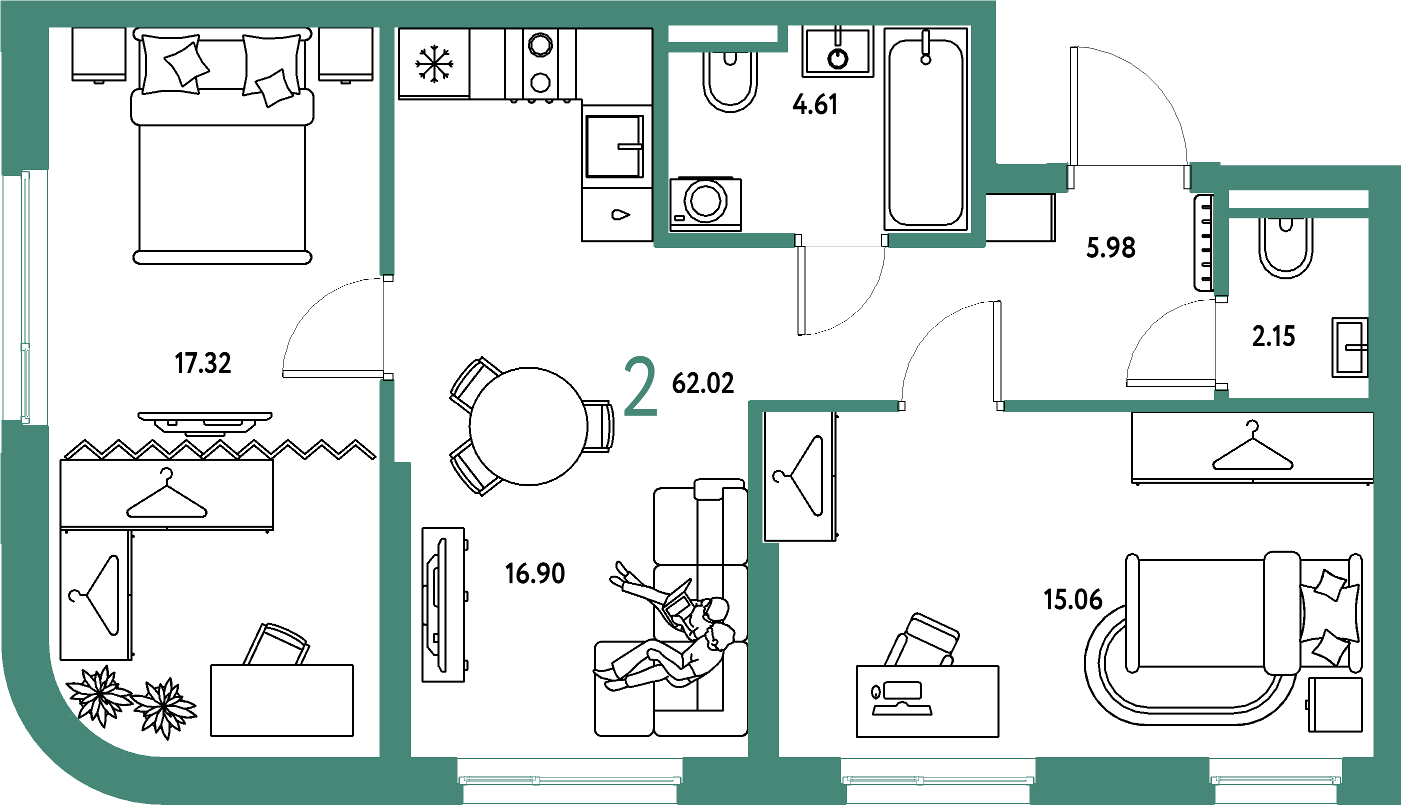 ЖК "Страна.Тополёвая"-2-комнатная 62.02 м²
