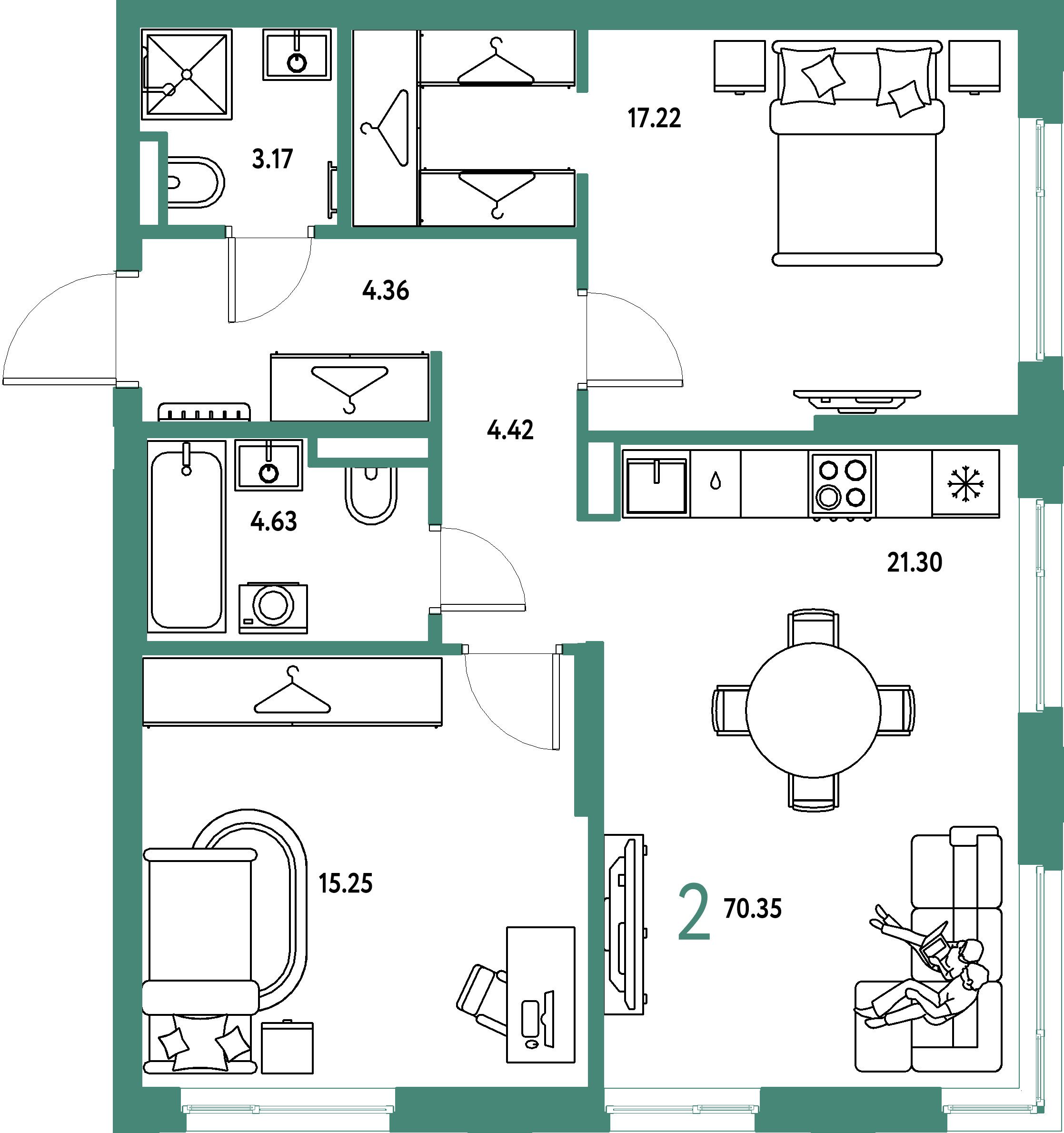ЖК "Страна.Тополёвая"-2-комнатная 70.35 м²