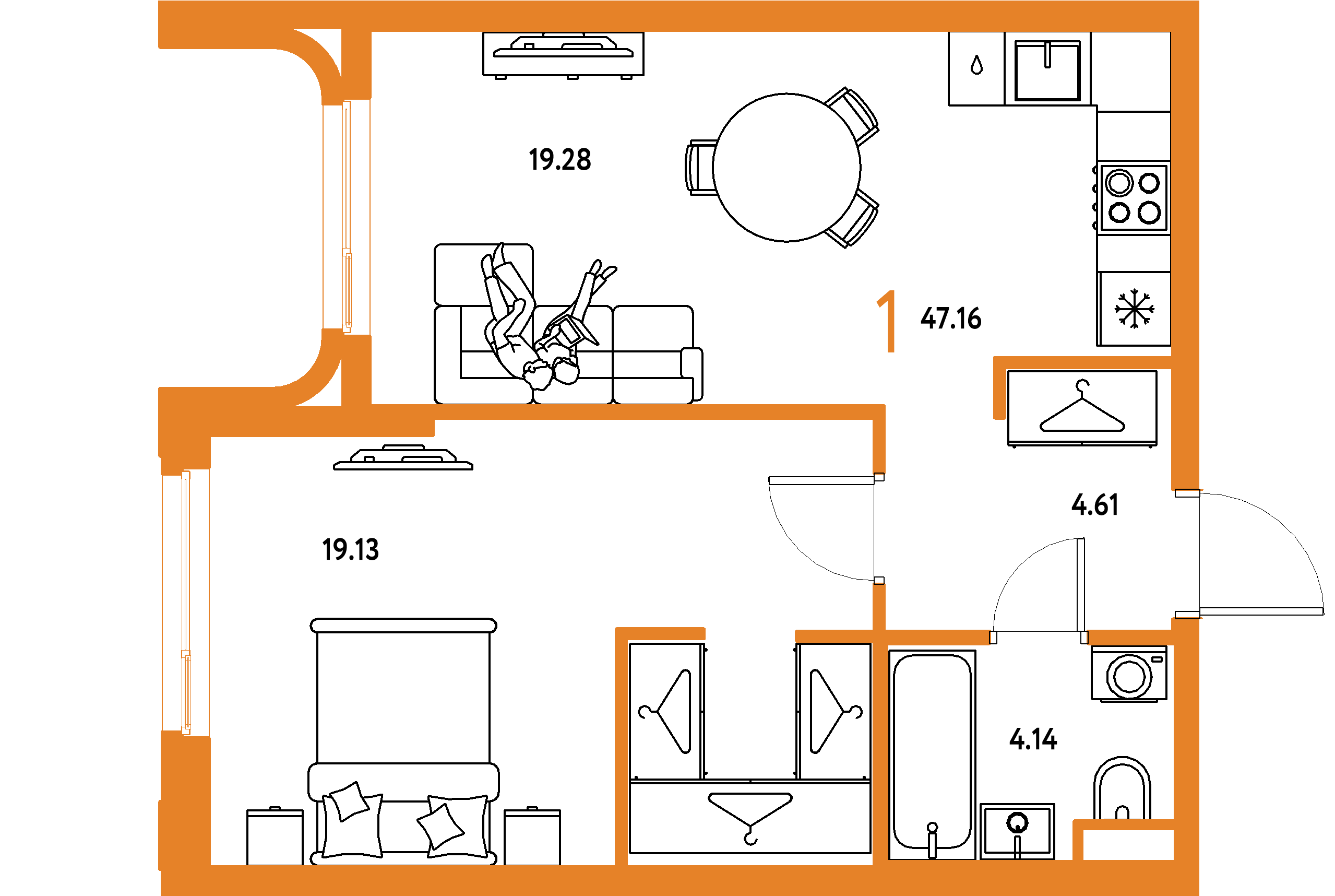 ЖК "Страна.Тополёвая"-1-комнатная 47.16 м²
