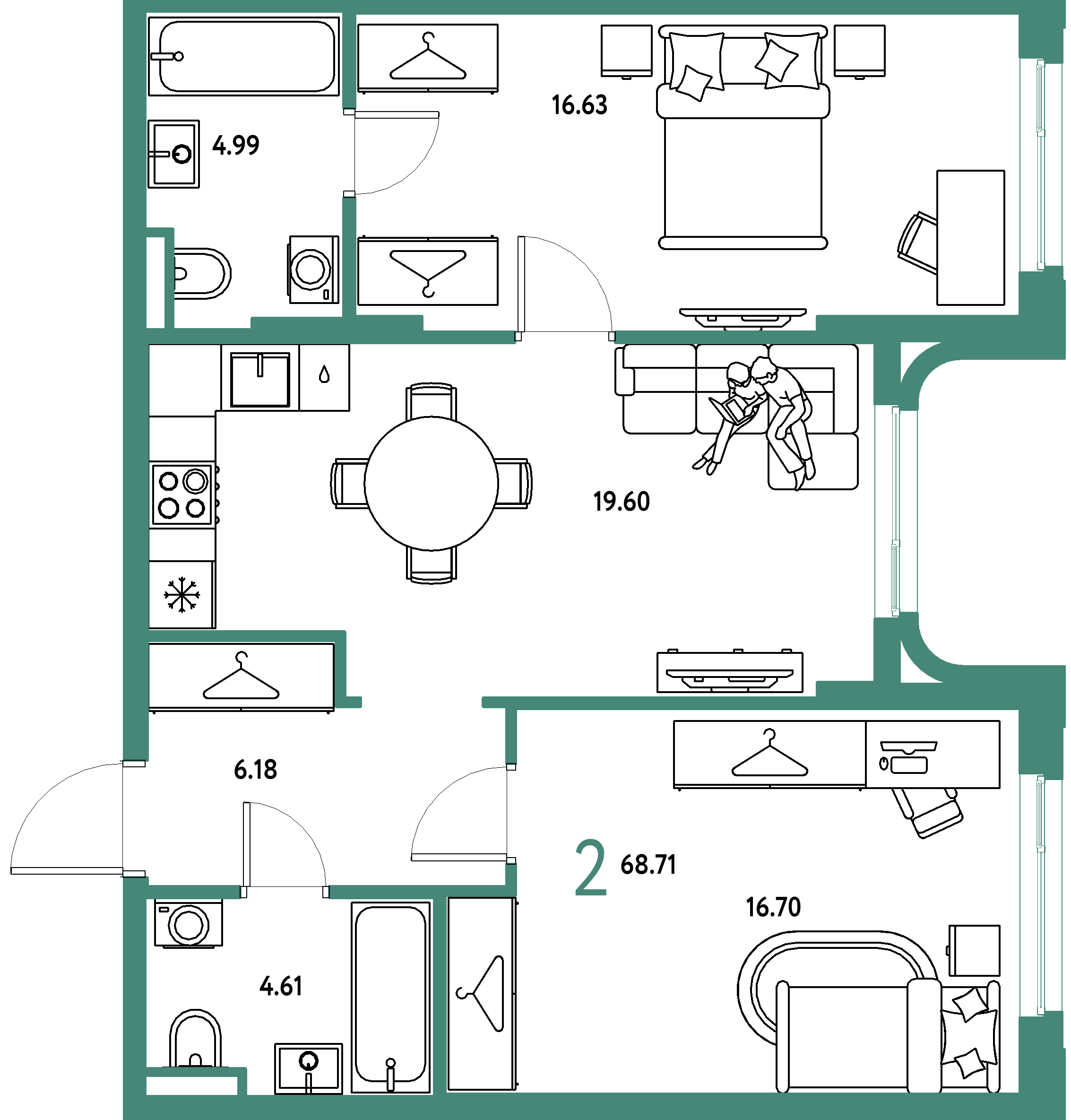 ЖК "Страна.Тополёвая"-2-комнатная 68.71 м²