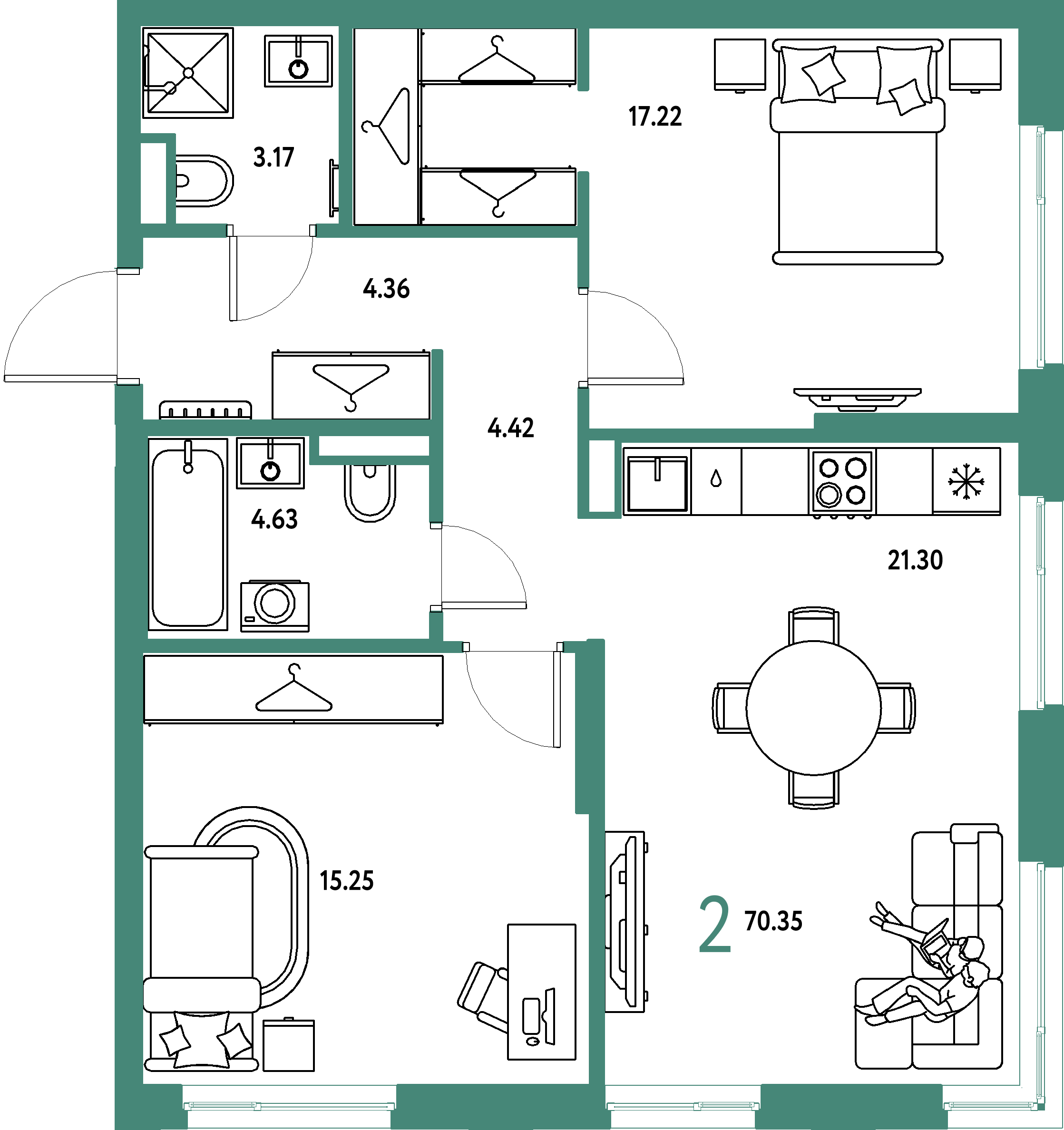 ЖК "Страна.Тополёвая"-2-комнатная 70.35 м²