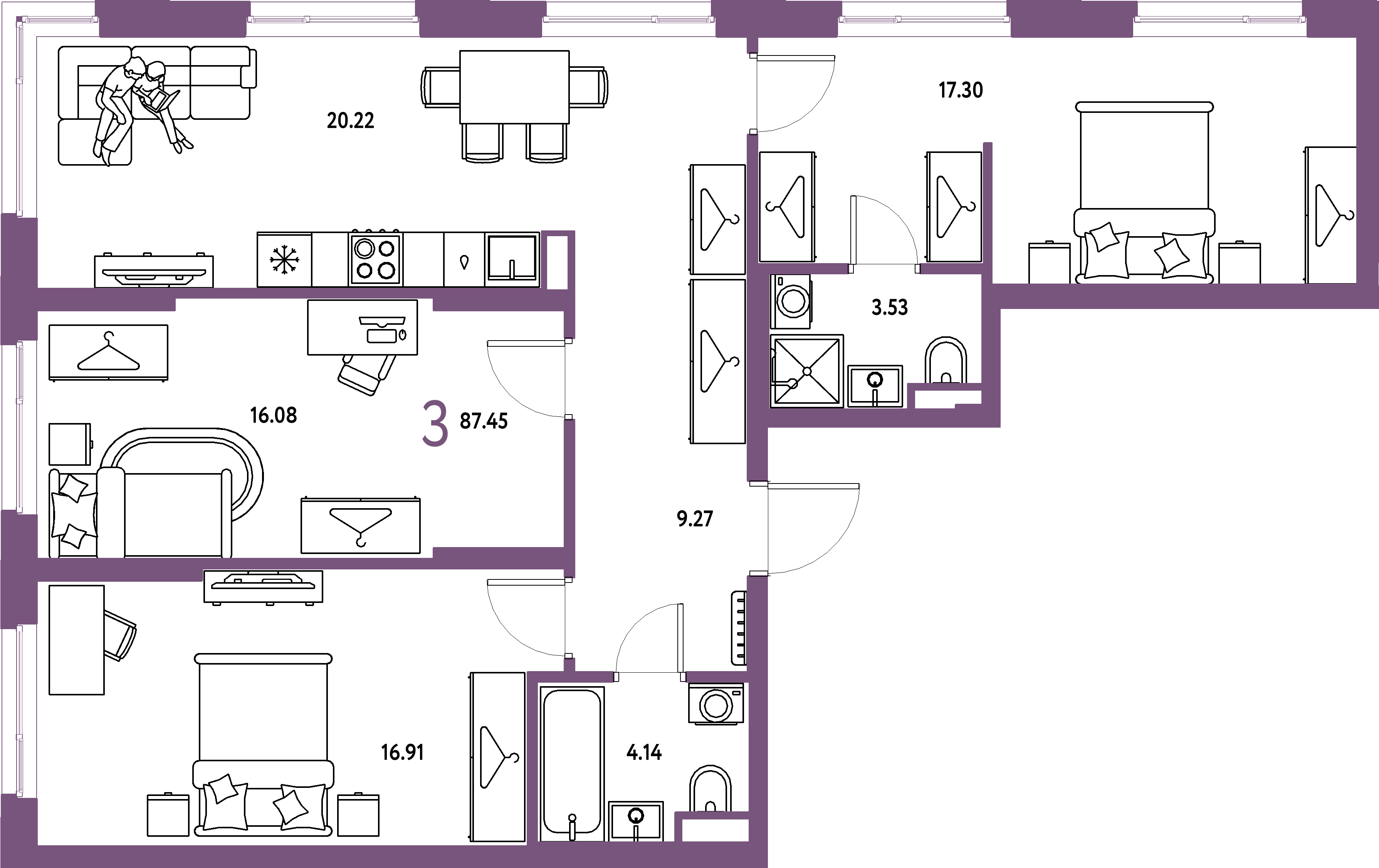 ЖК "Страна.Тополёвая"-3-комнатная 87.45 м²