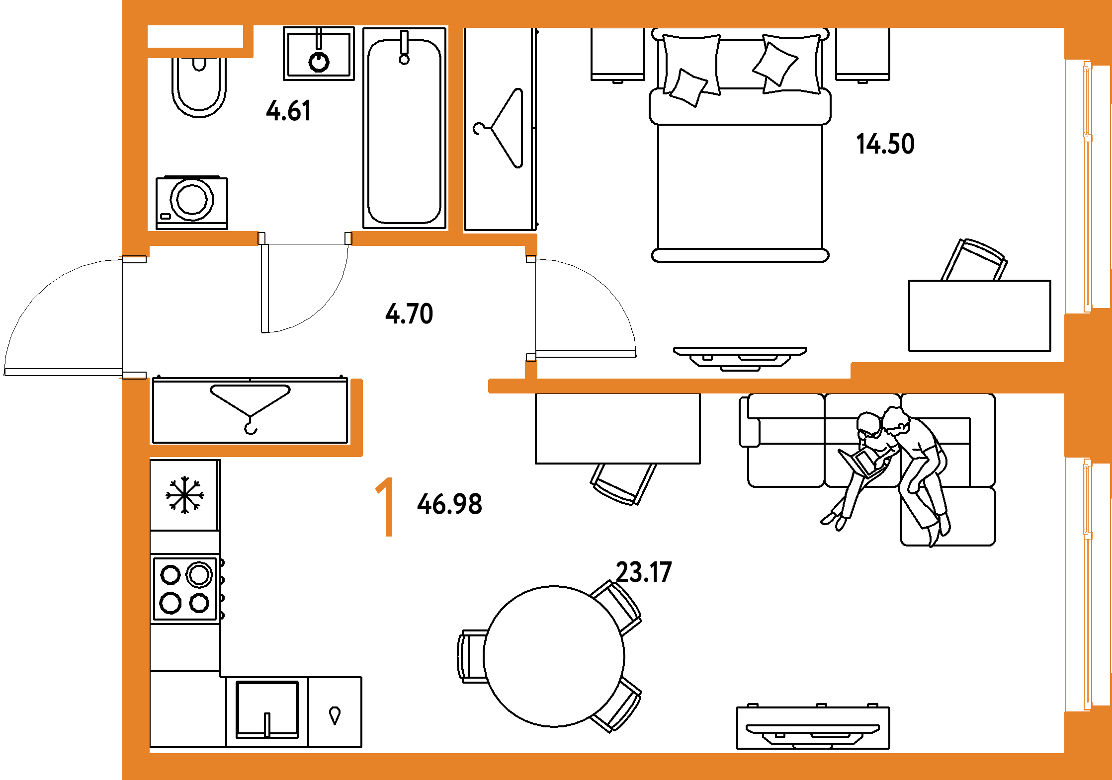ЖК "Страна.Тополёвая"-1-комнатная 46.98 м²