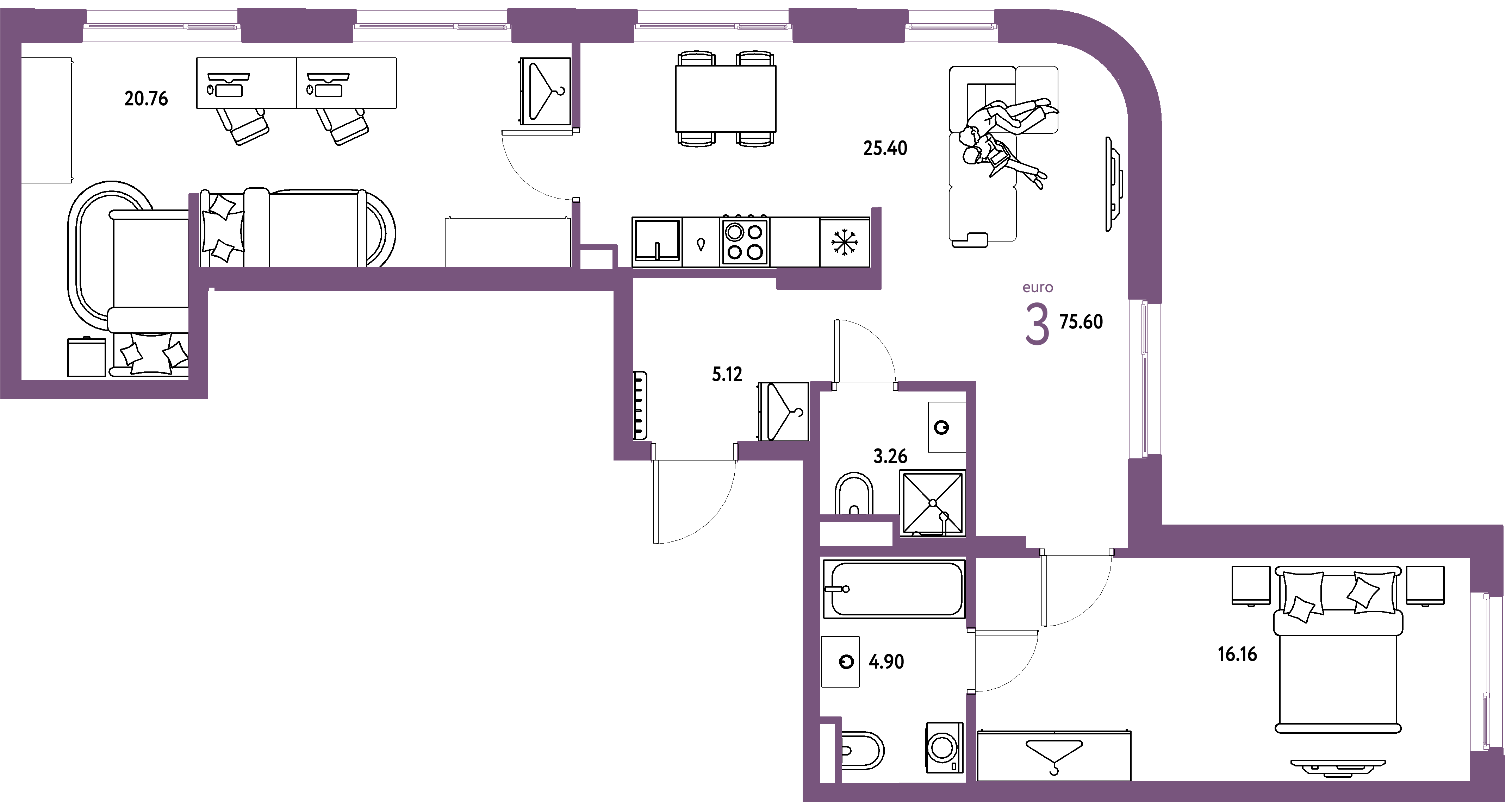 ЖК "Страна.Тополёвая"-3-комнатная 75.6 м²
