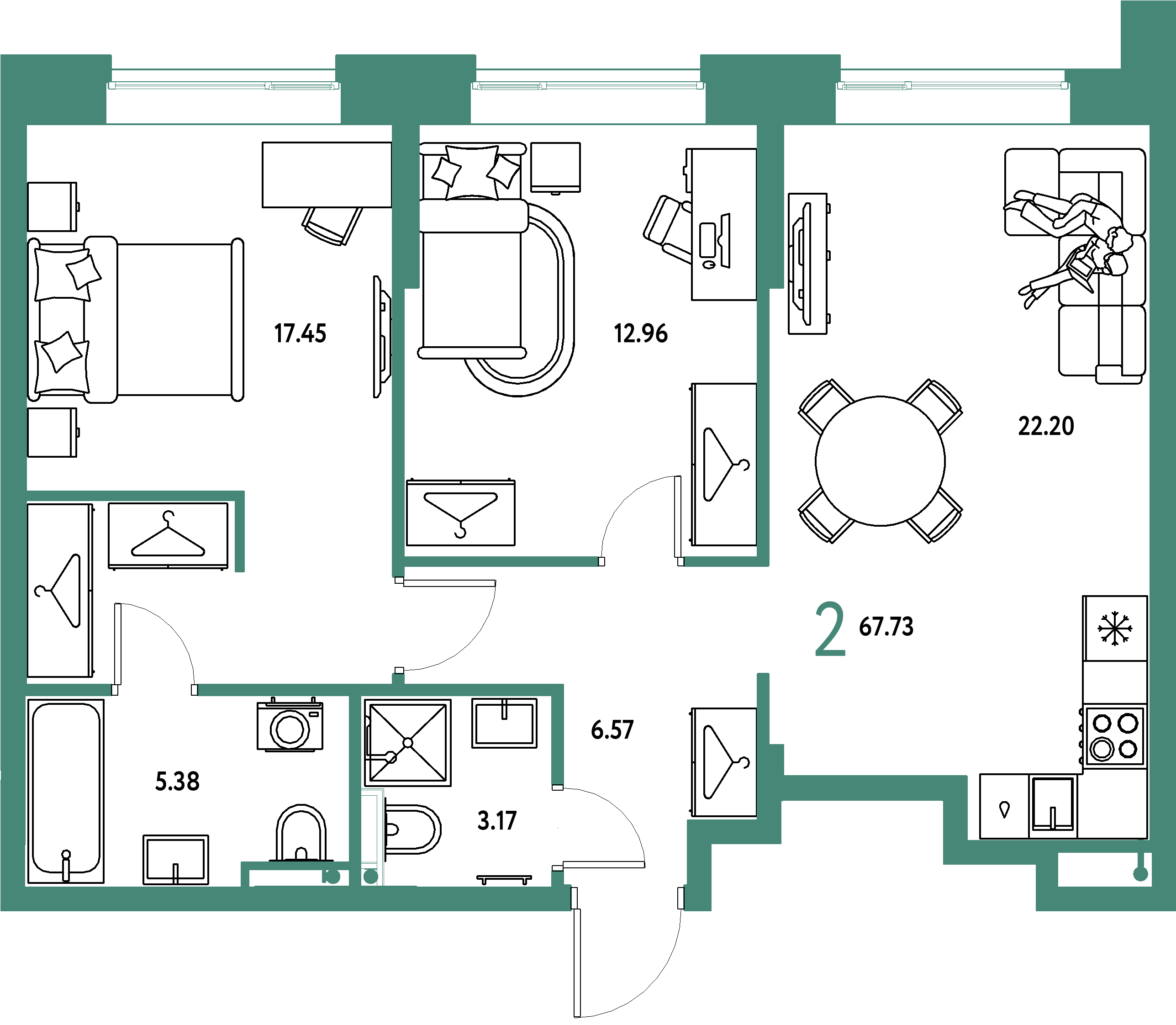 ЖК "Страна.Тополёвая"-2-комнатная 67.73 м²