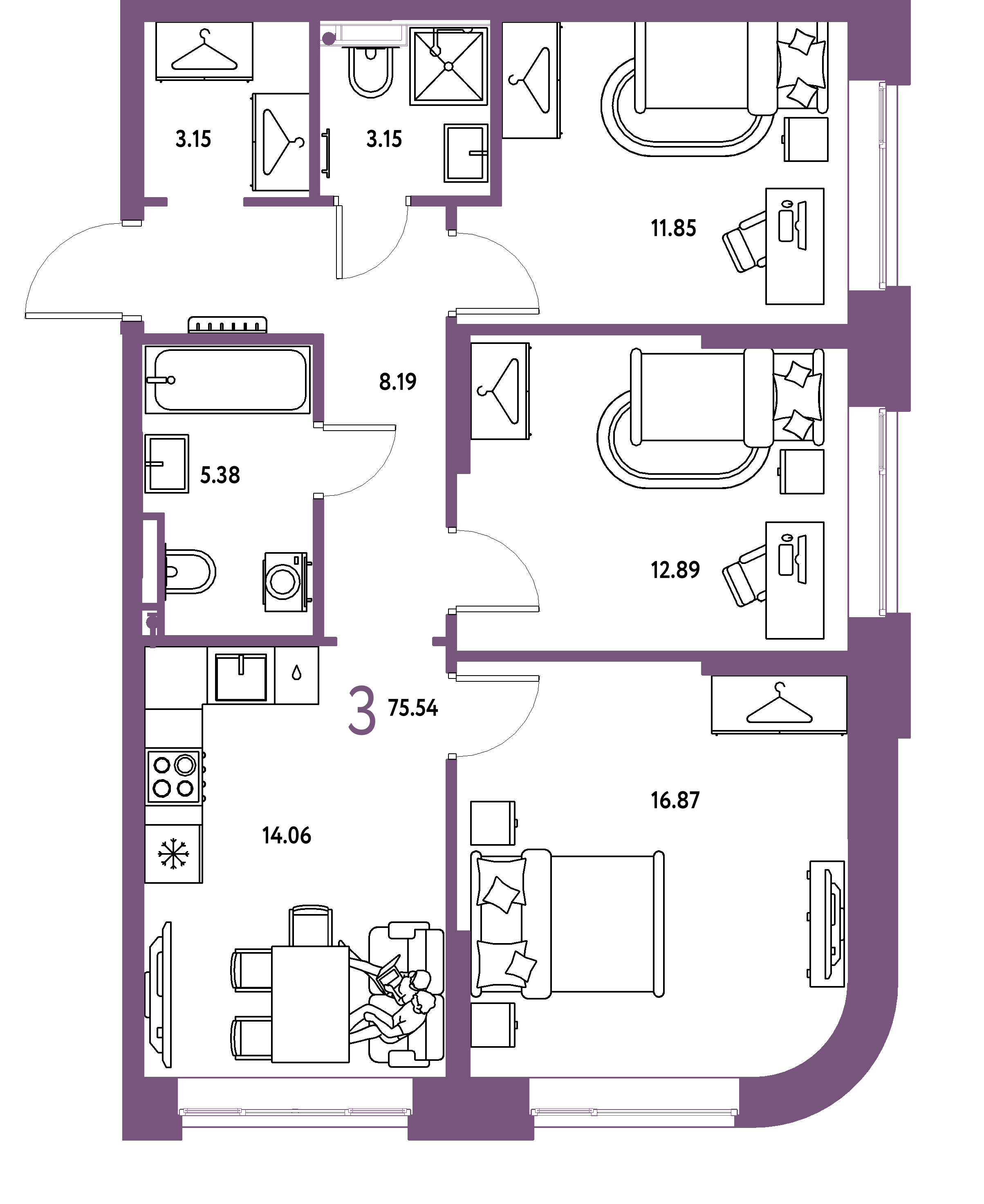 ЖК "Страна.Тополёвая"-3-комнатная 75.54 м²