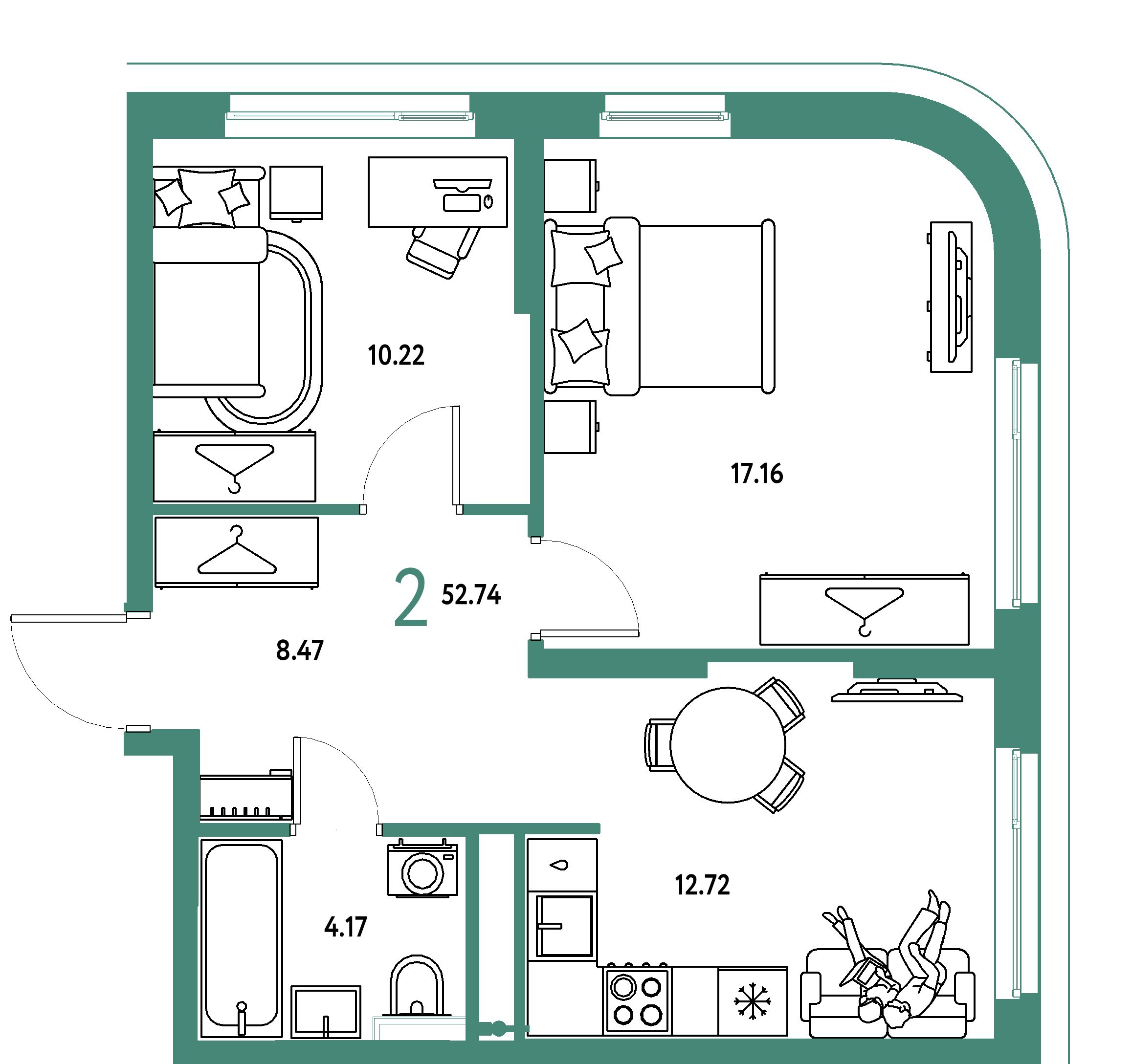 ЖК "Страна.Тополёвая"-2-комнатная 52.74 м²