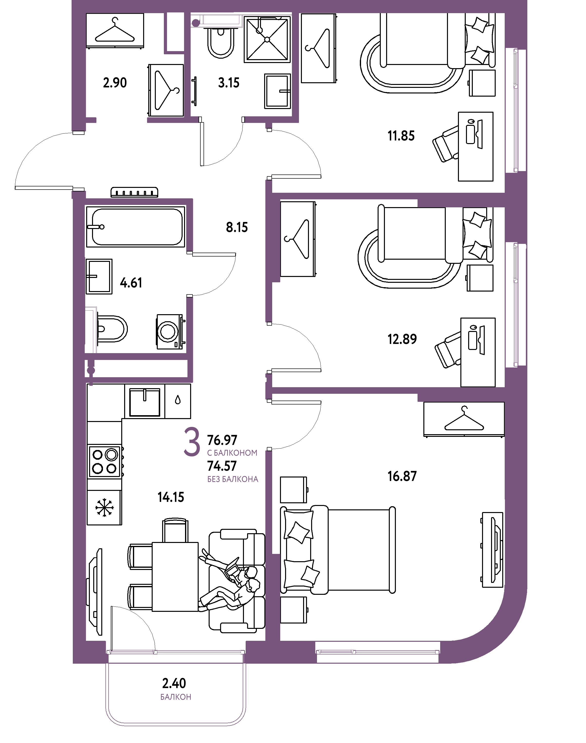 ЖК "Страна.Тополёвая"-3-комнатная 76.97 м²