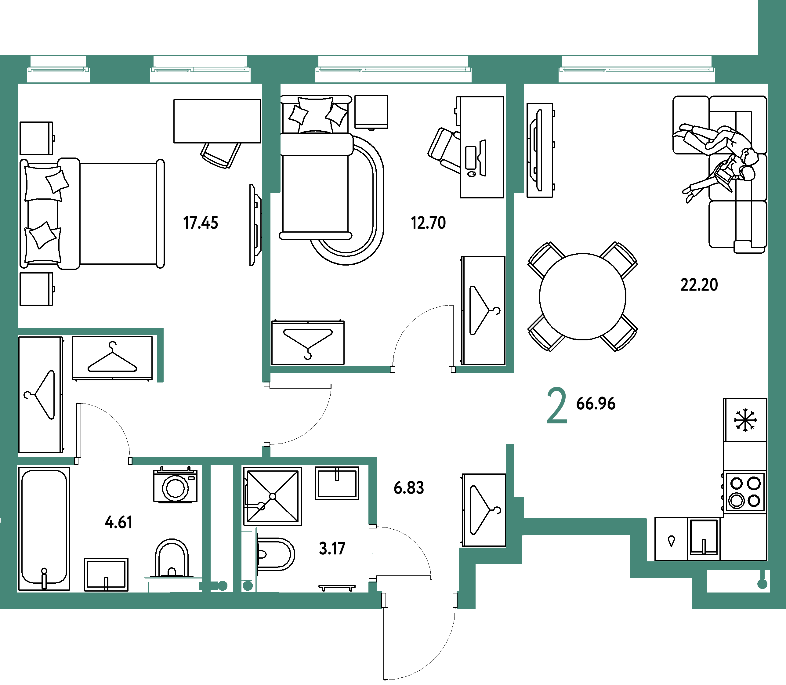 ЖК "Страна.Тополёвая"-2-комнатная 66.96 м²