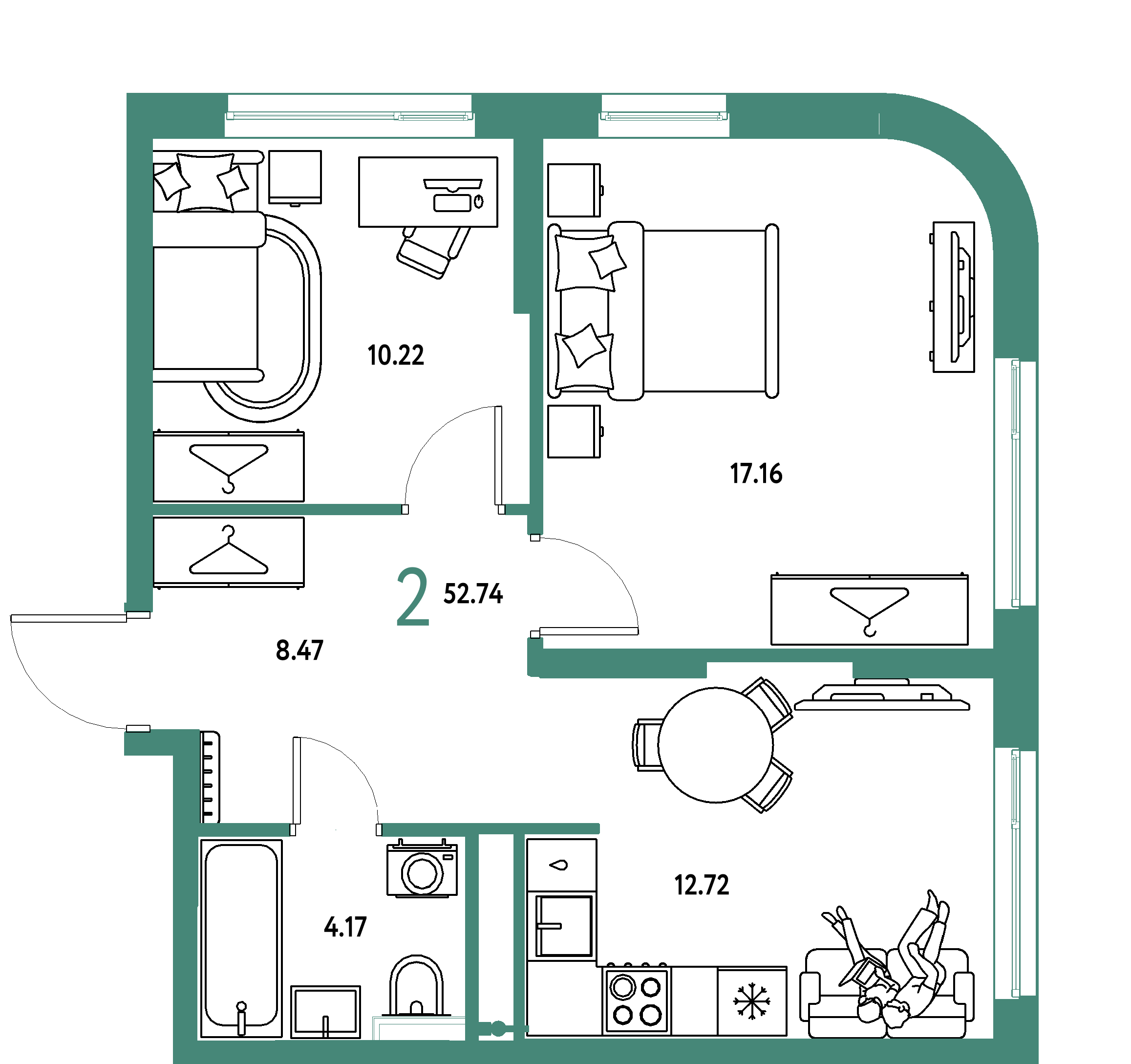 ЖК "Страна.Тополёвая"-2-комнатная 52.74 м²