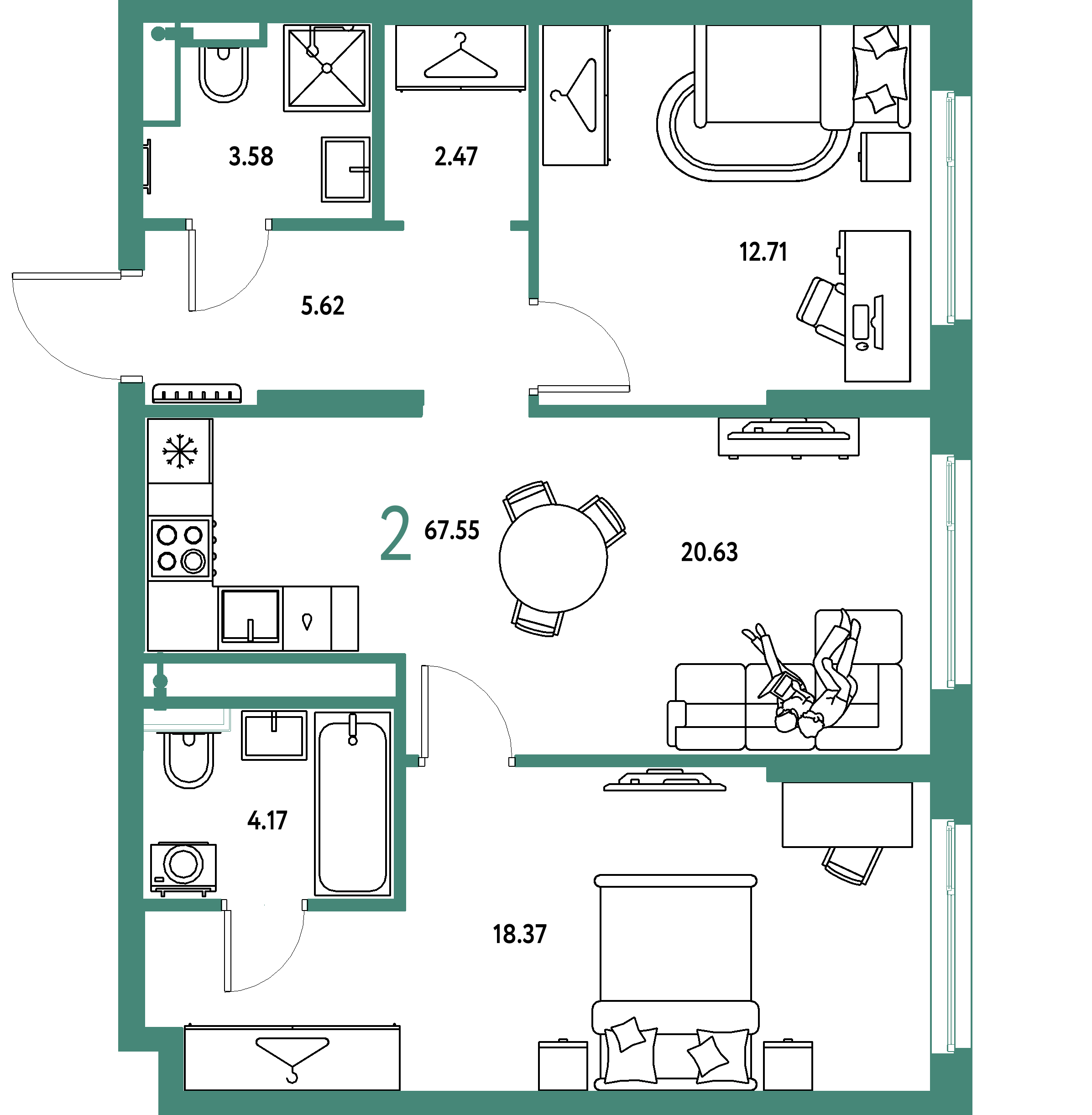 ЖК "Страна.Тополёвая"-2-комнатная 67.55 м²