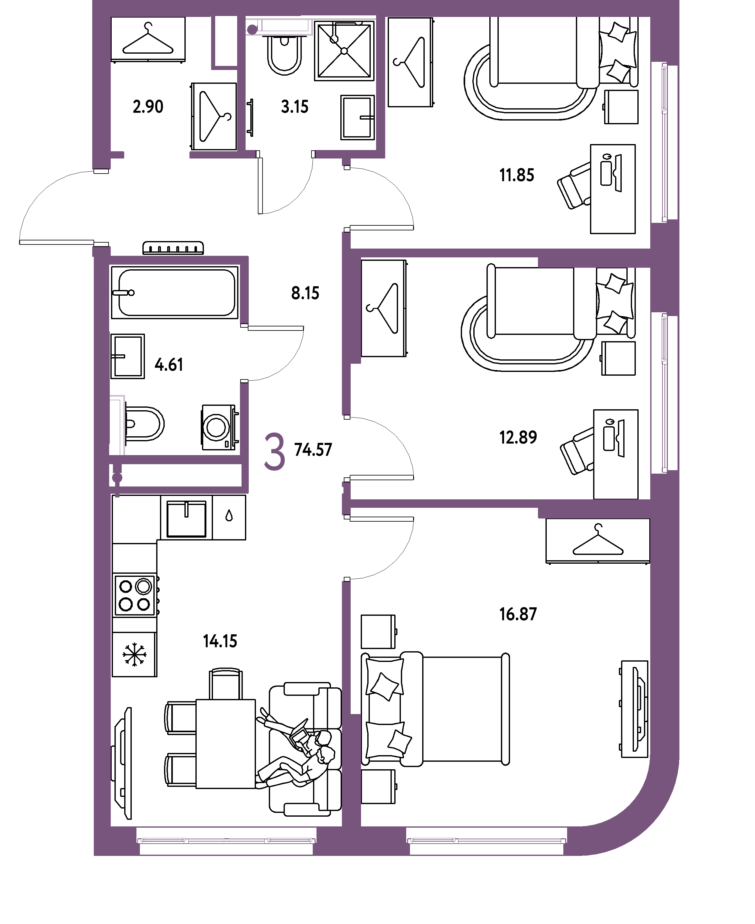 ЖК "Страна.Тополёвая"-3-комнатная 74.57 м²