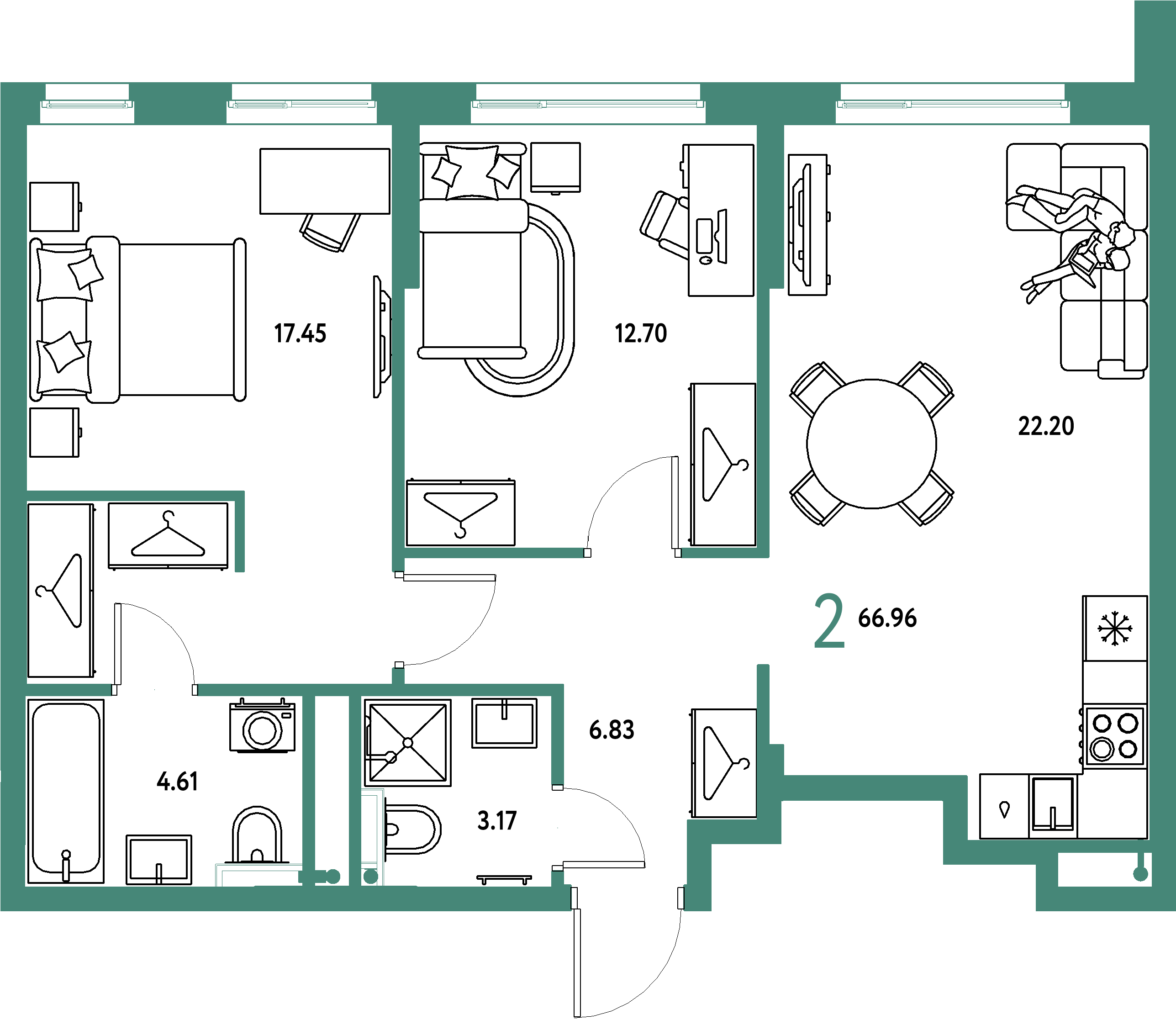 ЖК "Страна.Тополёвая"-2-комнатная 66.96 м²