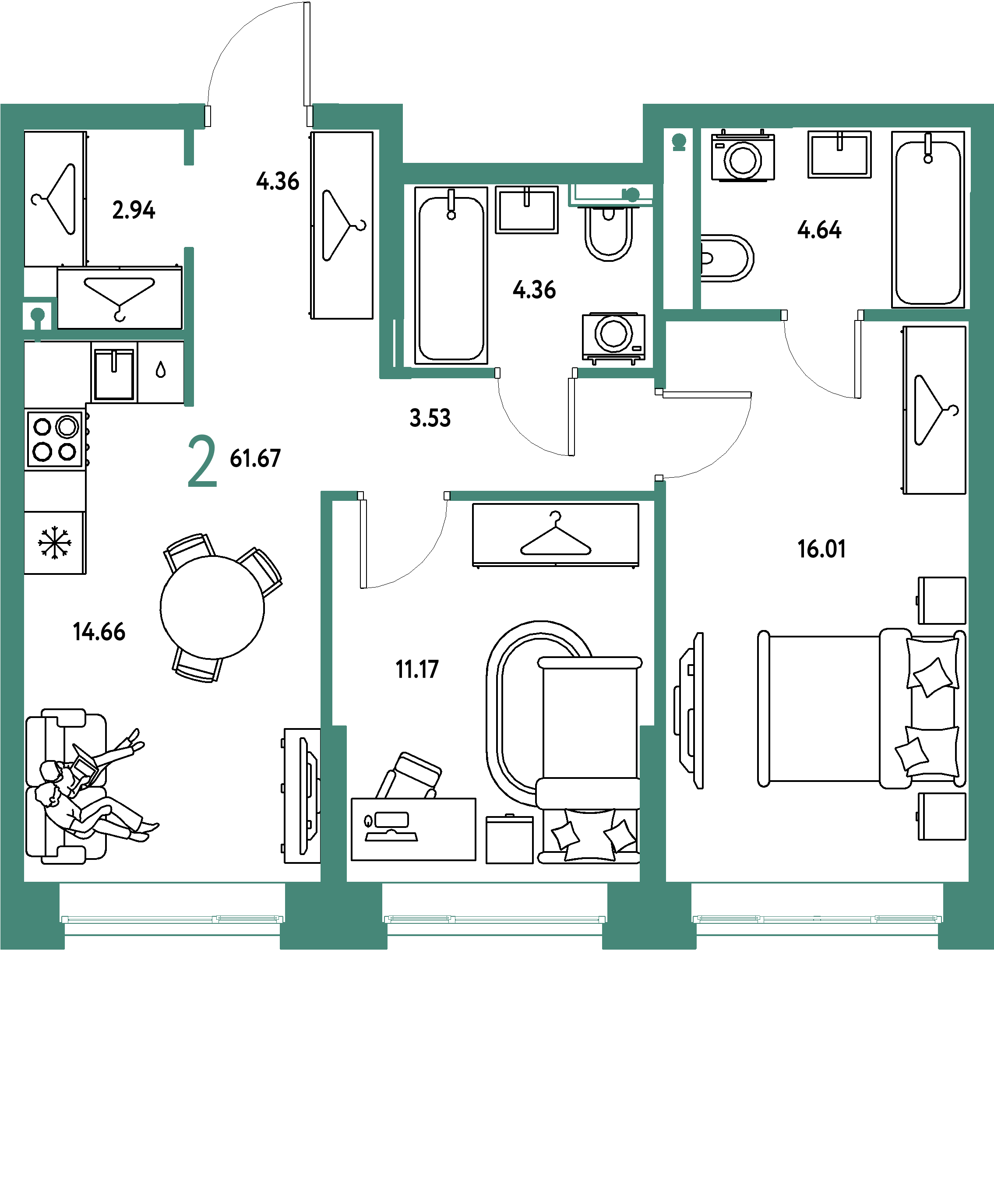 ЖК "Страна.Тополёвая"-2-комнатная 61.67 м²