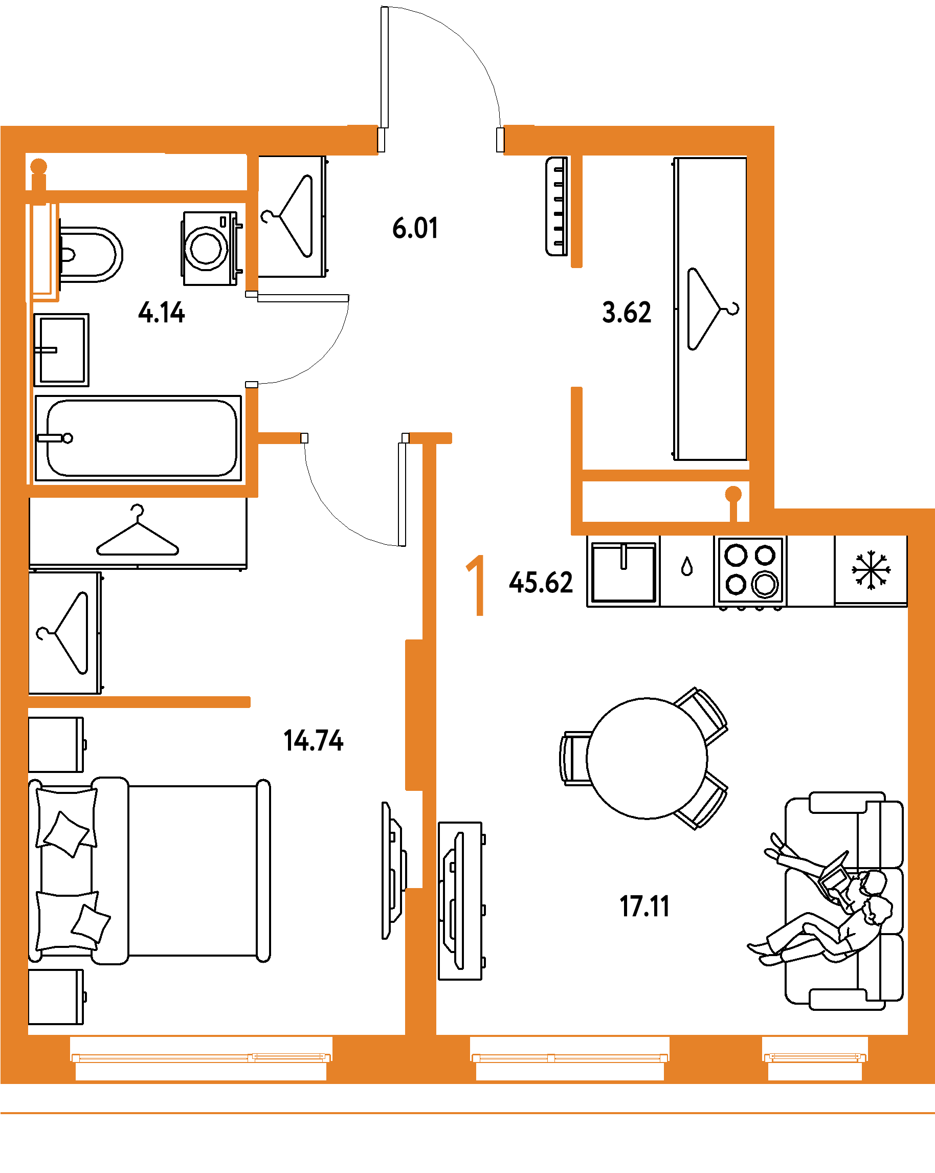 ЖК "Страна.Тополёвая"-1-комнатная 45.62 м²