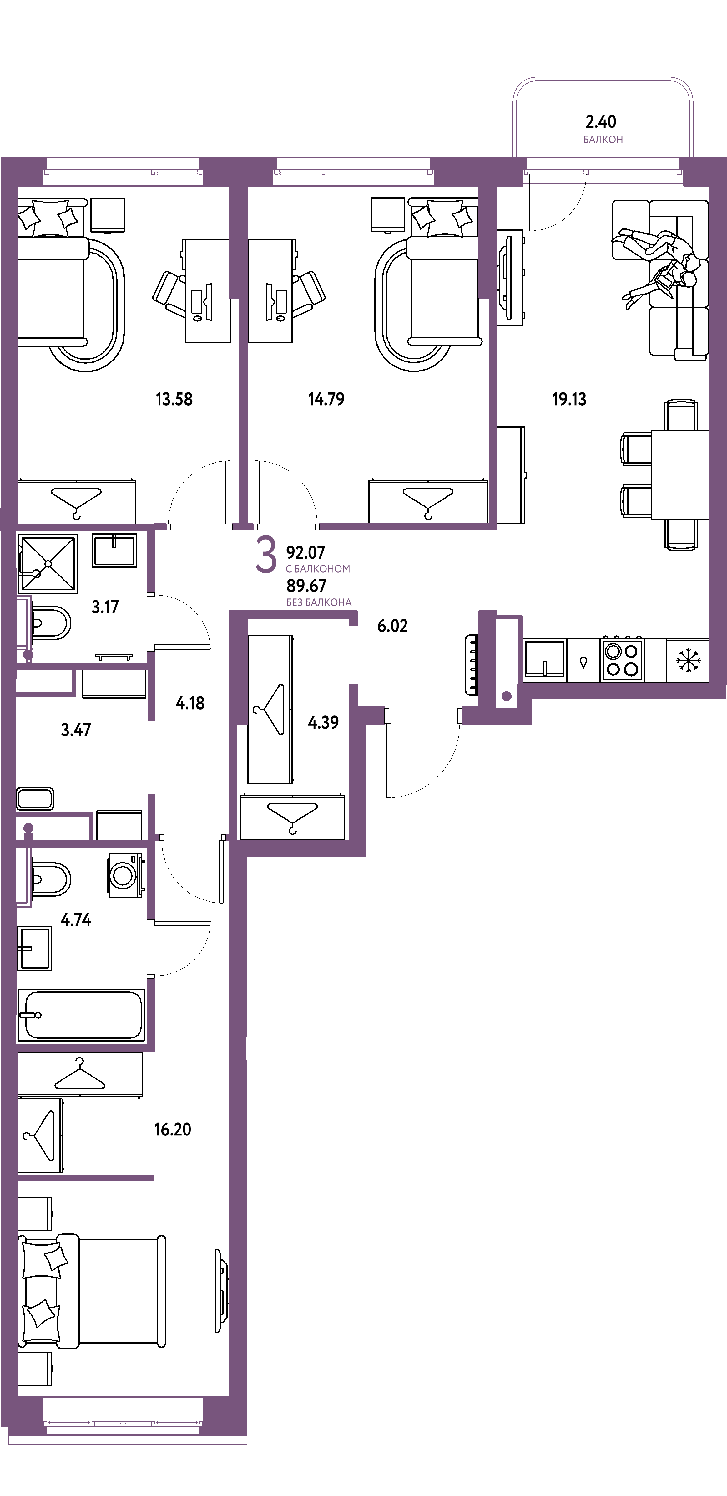 ЖК "Страна.Тополёвая"-3-комнатная 92.07 м²
