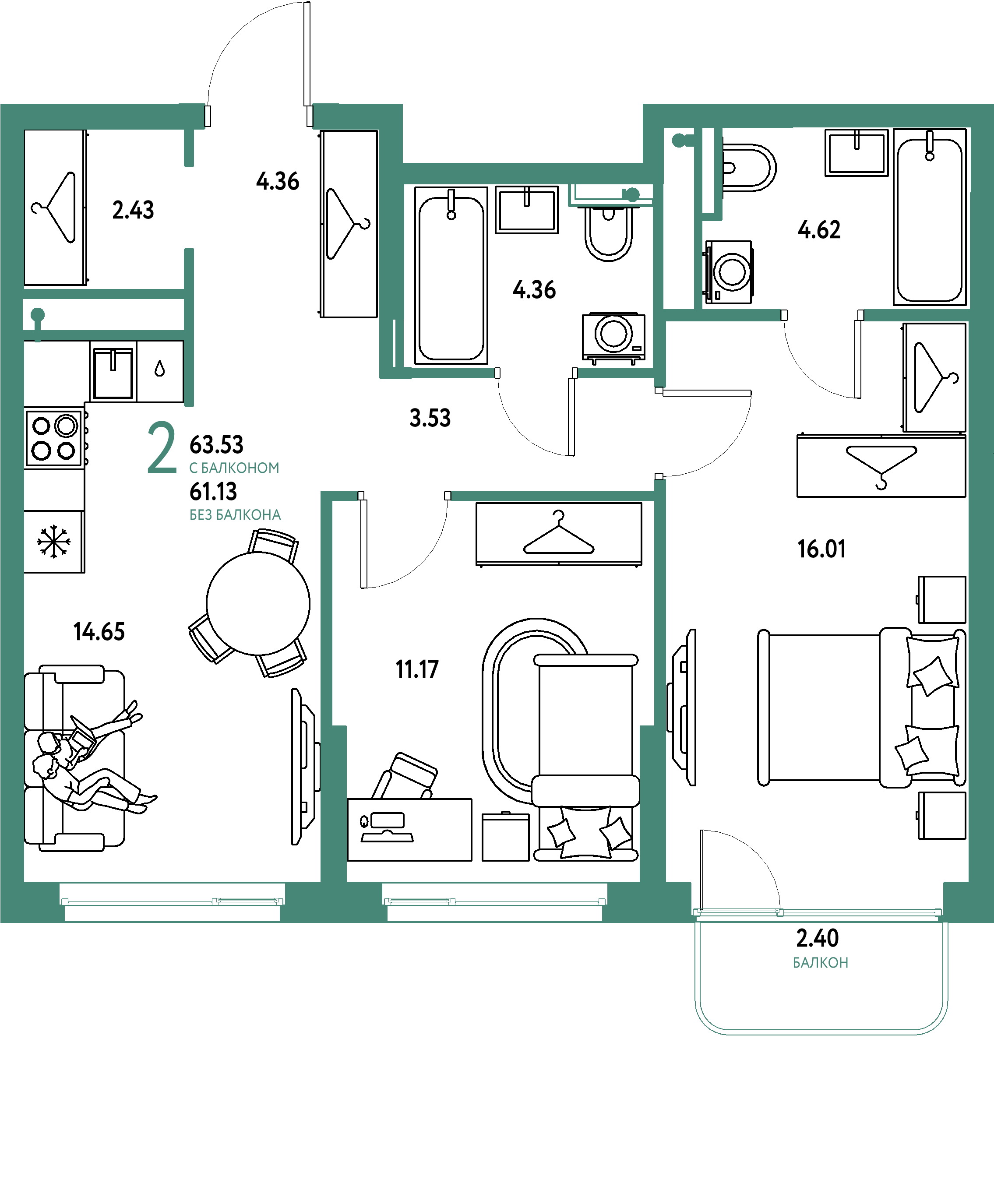 ЖК "Страна.Тополёвая"-2-комнатная 63.53 м²