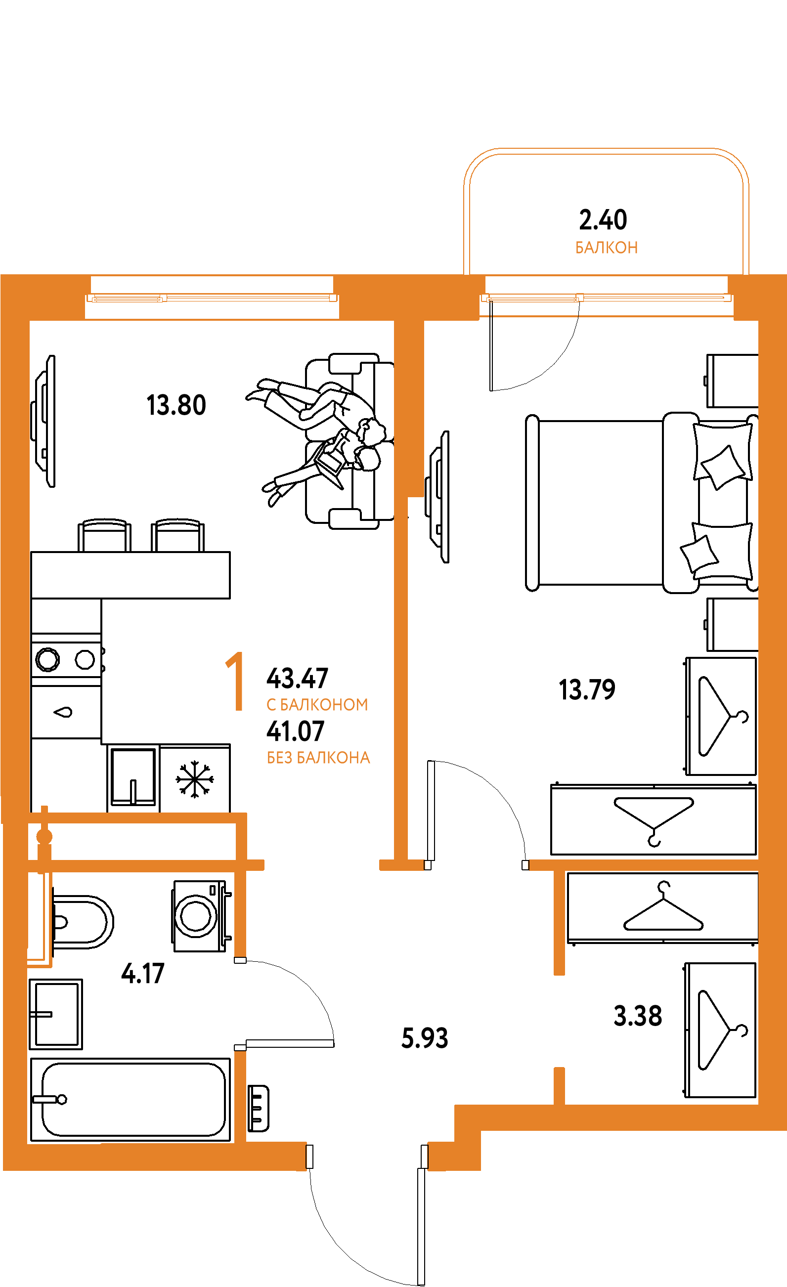 ЖК "Страна.Тополёвая"-1-комнатная 43.47 м²