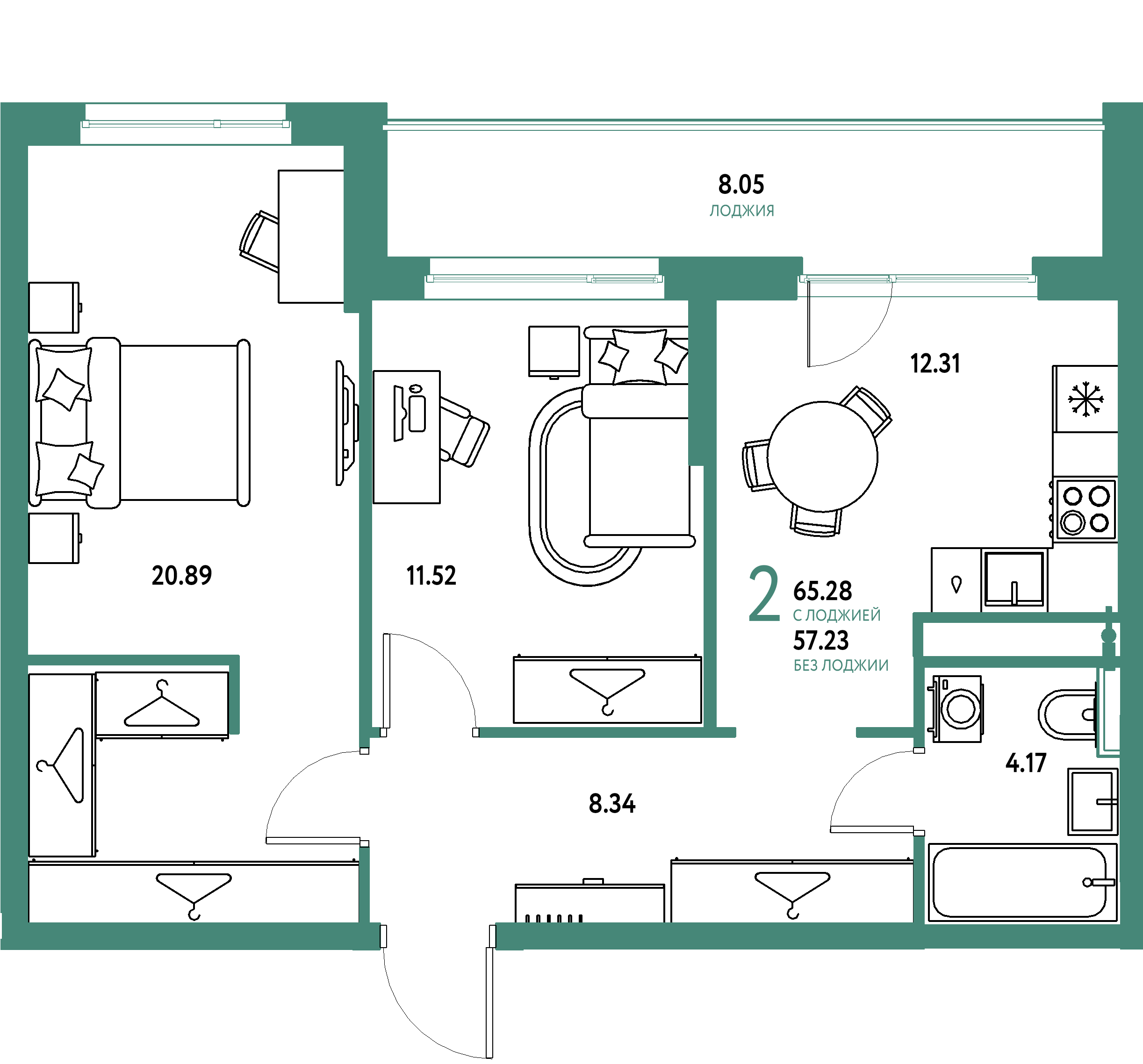 ЖК "Страна.Тополёвая"-2-комнатная 65.28 м²