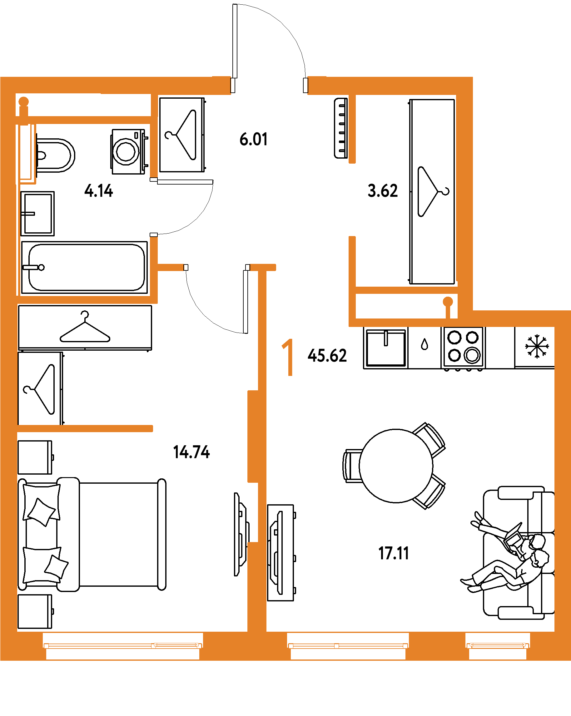 ЖК "Страна.Тополёвая"-1-комнатная 45.62 м²