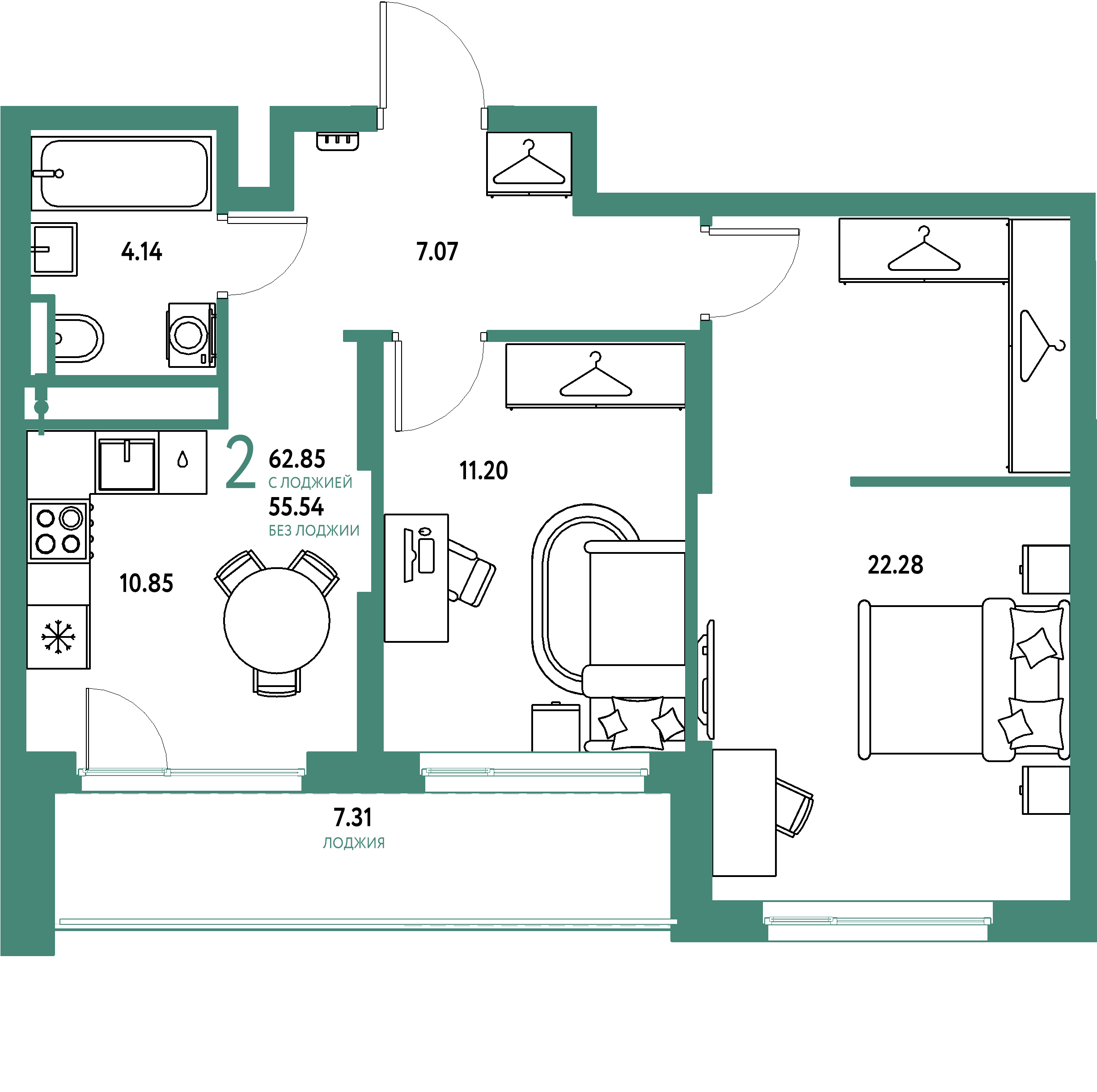 ЖК "Страна.Тополёвая"-2-комнатная 62.85 м²