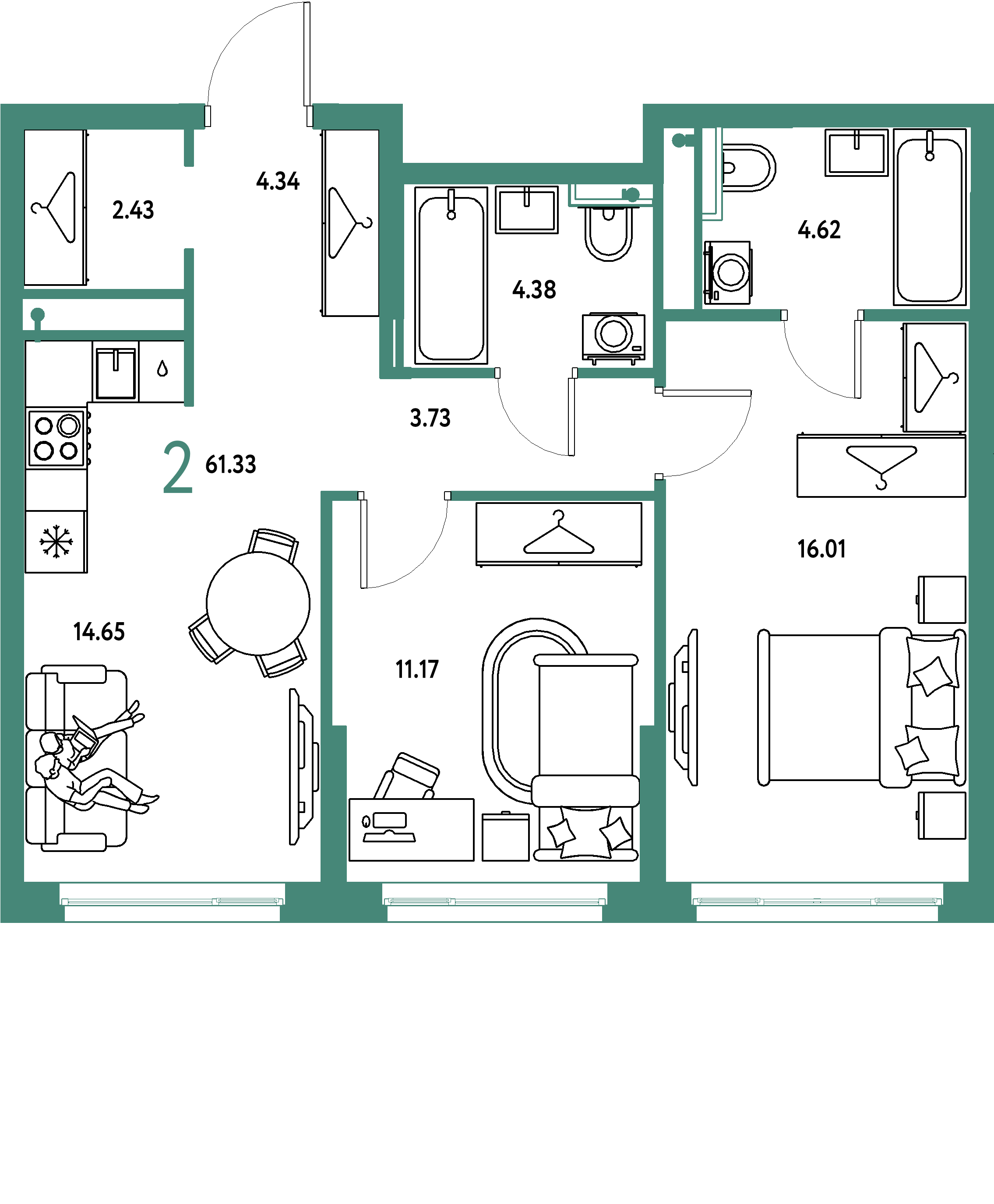ЖК "Страна.Тополёвая"-2-комнатная 61.33 м²