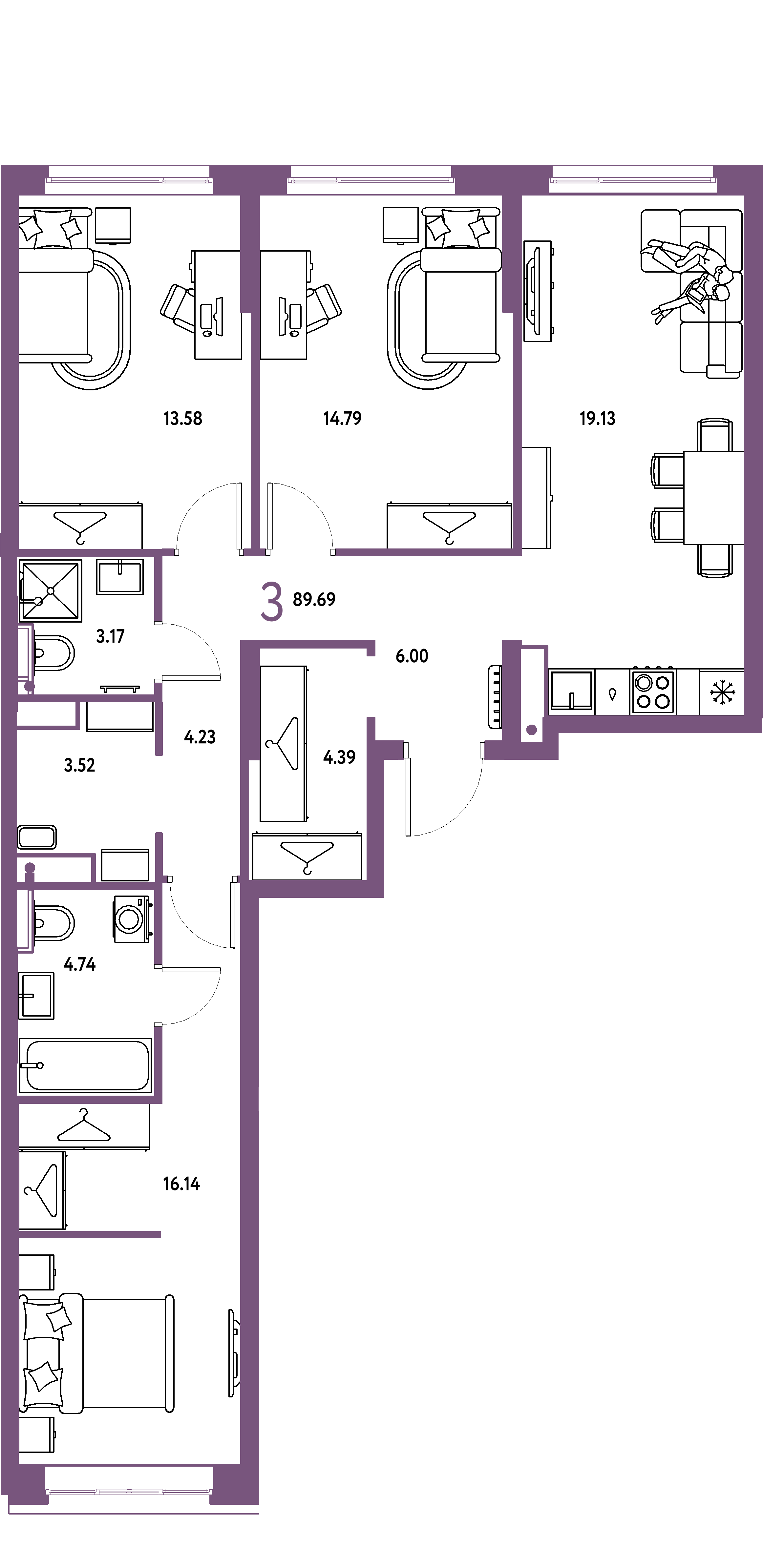 ЖК "Страна.Тополёвая"-3-комнатная 89.69 м²