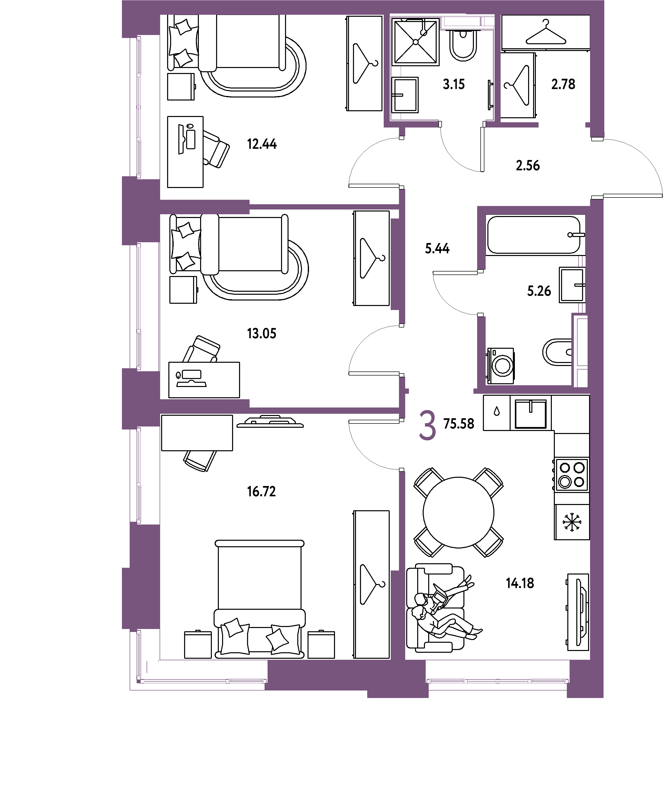 ЖК "Страна.Тополёвая"-3-комнатная 75.58 м²