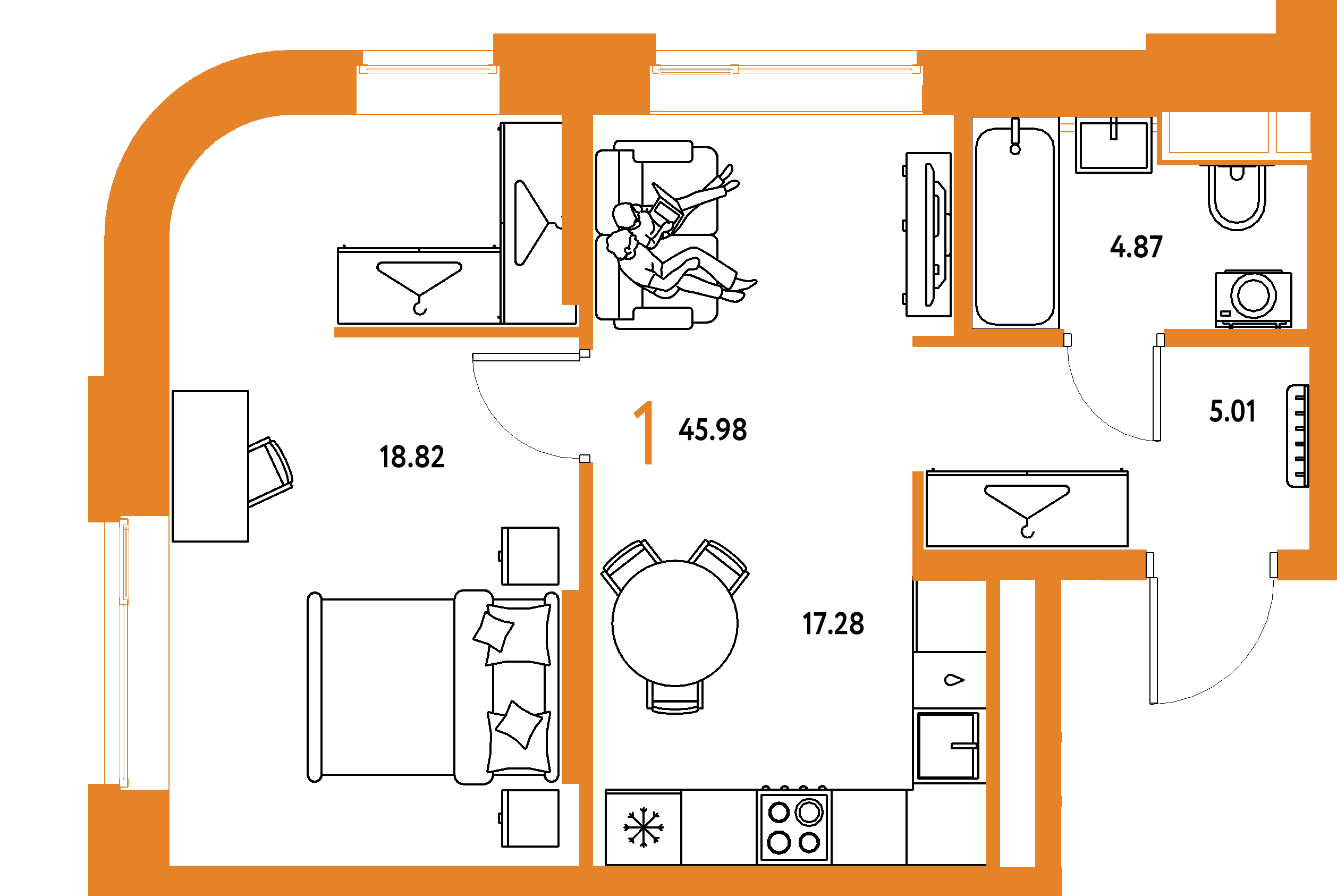 ЖК "Страна.Тополёвая"-1-комнатная 45.98 м²