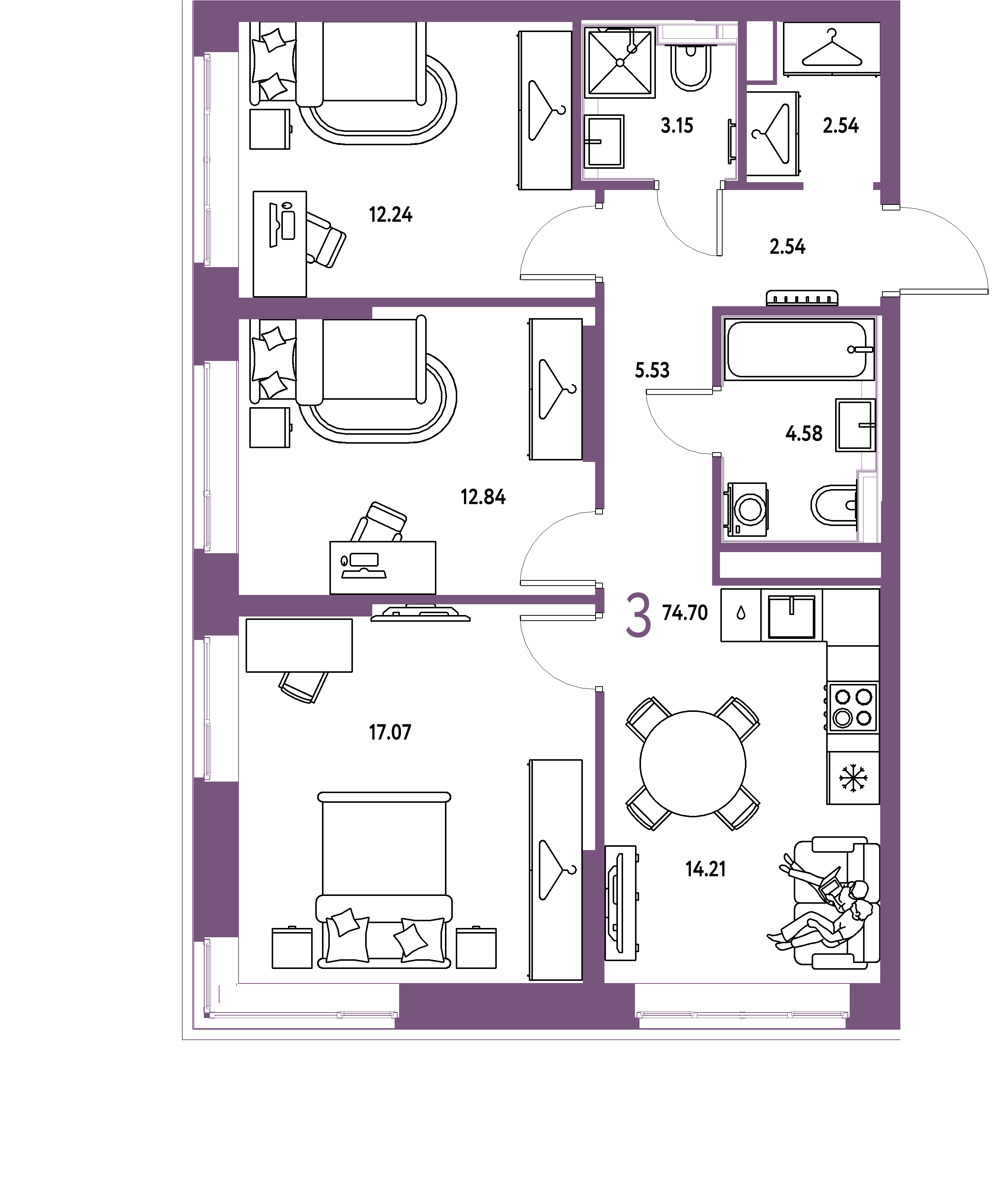 ЖК "Страна.Тополёвая"-3-комнатная 74.7 м²