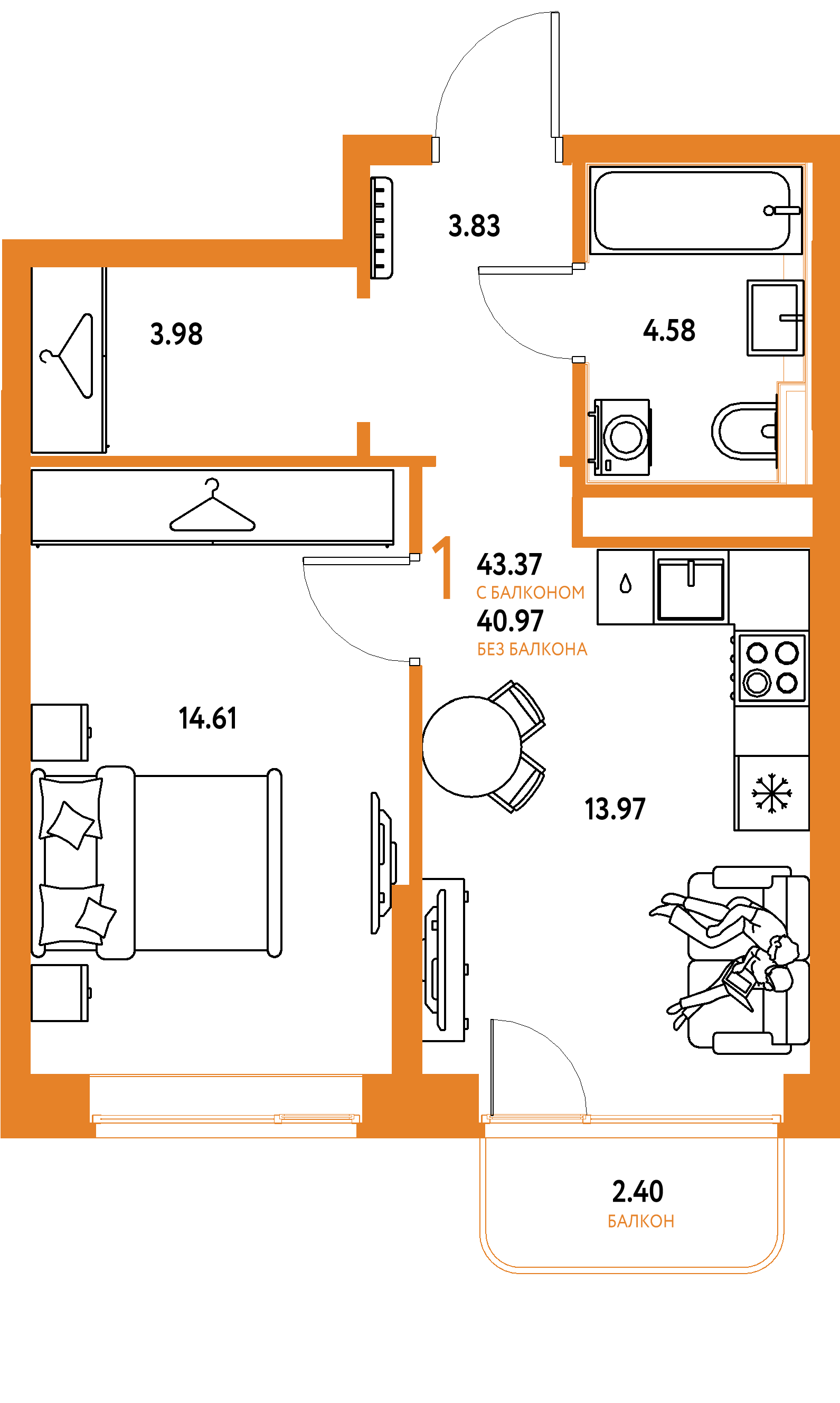 ЖК "Страна.Тополёвая"-1-комнатная 43.37 м²