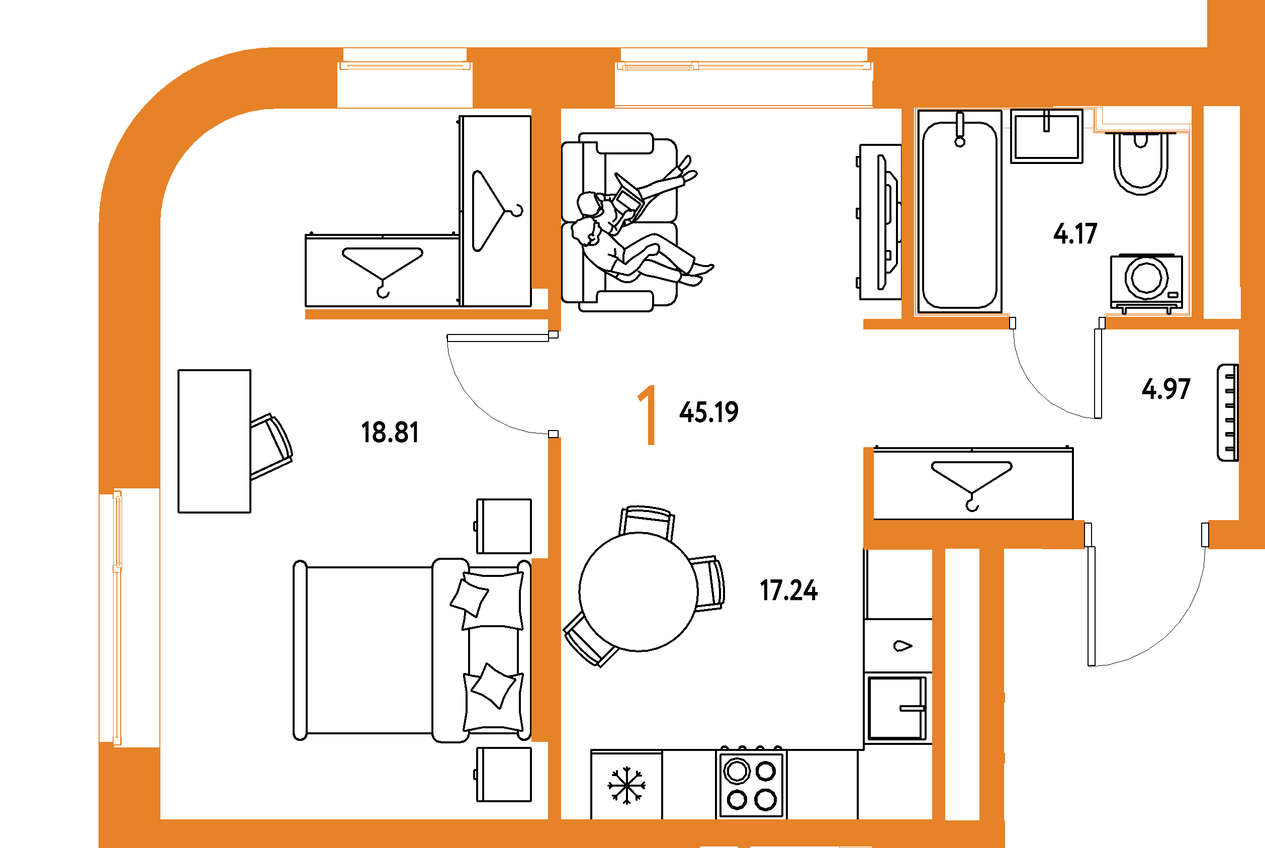 ЖК "Страна.Тополёвая"-1-комнатная 45.19 м²