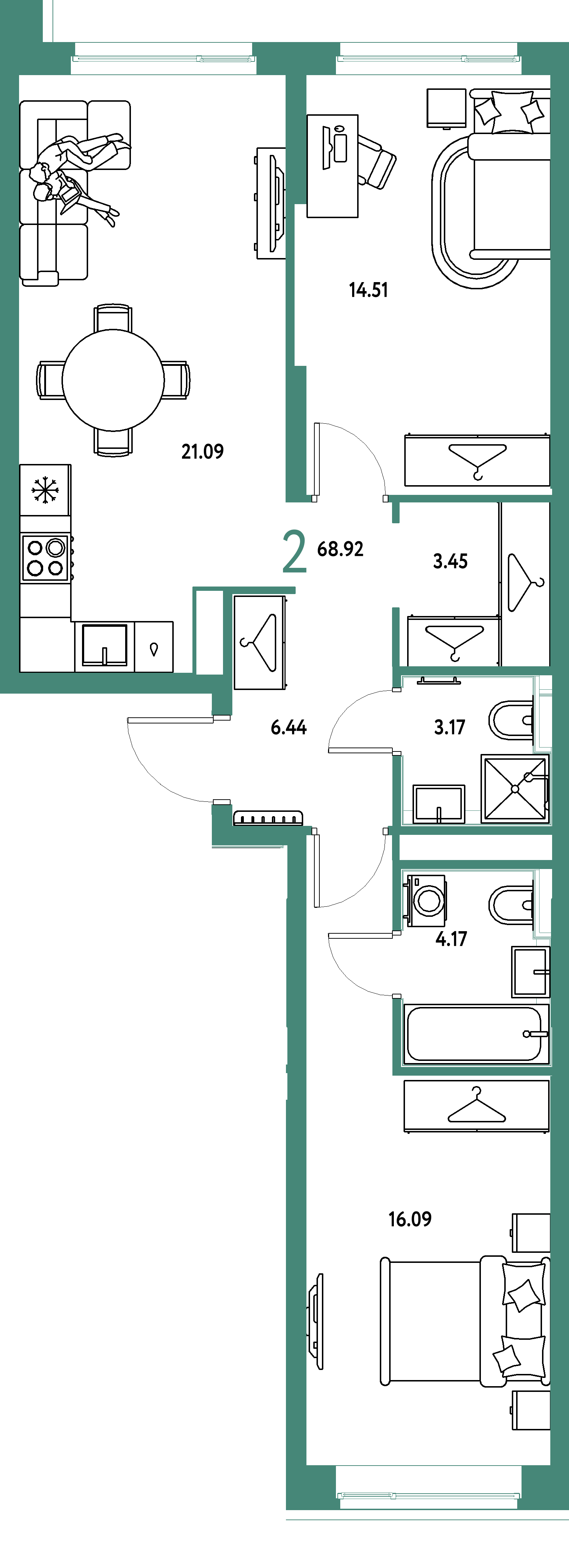 ЖК "Страна.Тополёвая"-2-комнатная 68.92 м²