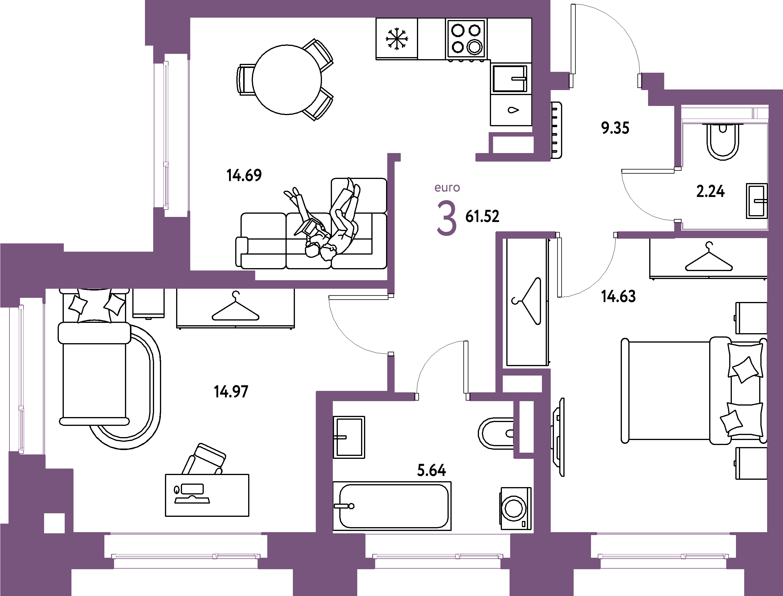 ЖК "Страна.Энтузиастов"-3-комнатная 61.52 м²