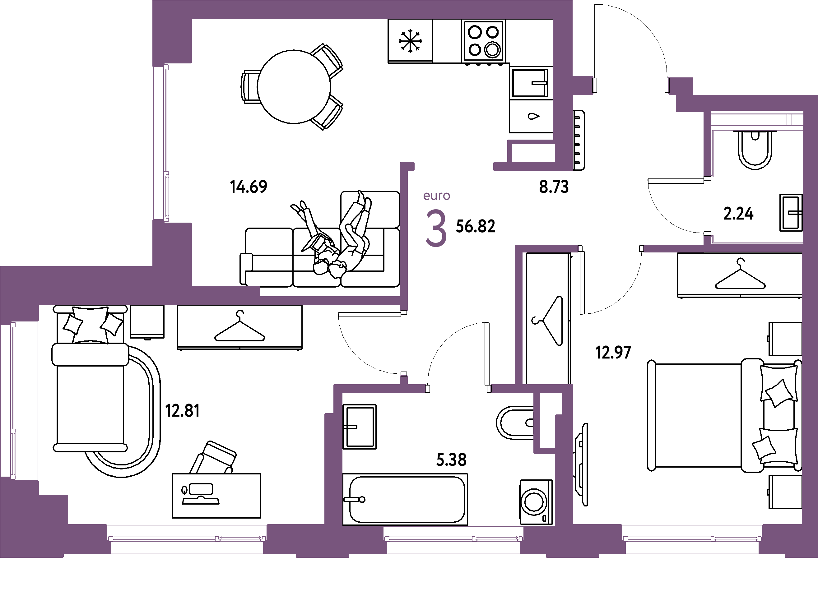 ЖК "Страна.Энтузиастов"-3-комнатная 56.82 м²