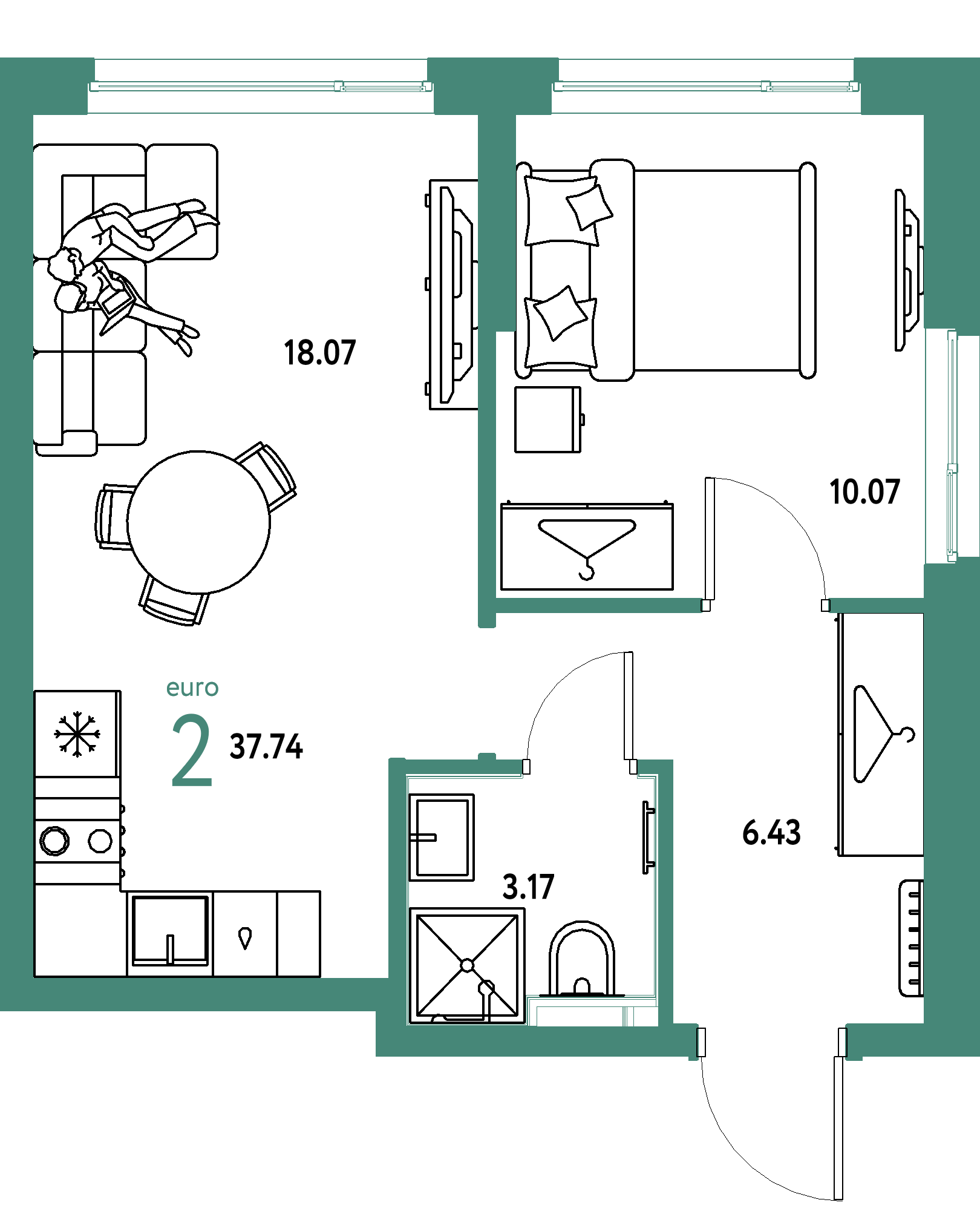 ЖК "Страна.Энтузиастов"-2-комнатная 37.74 м²