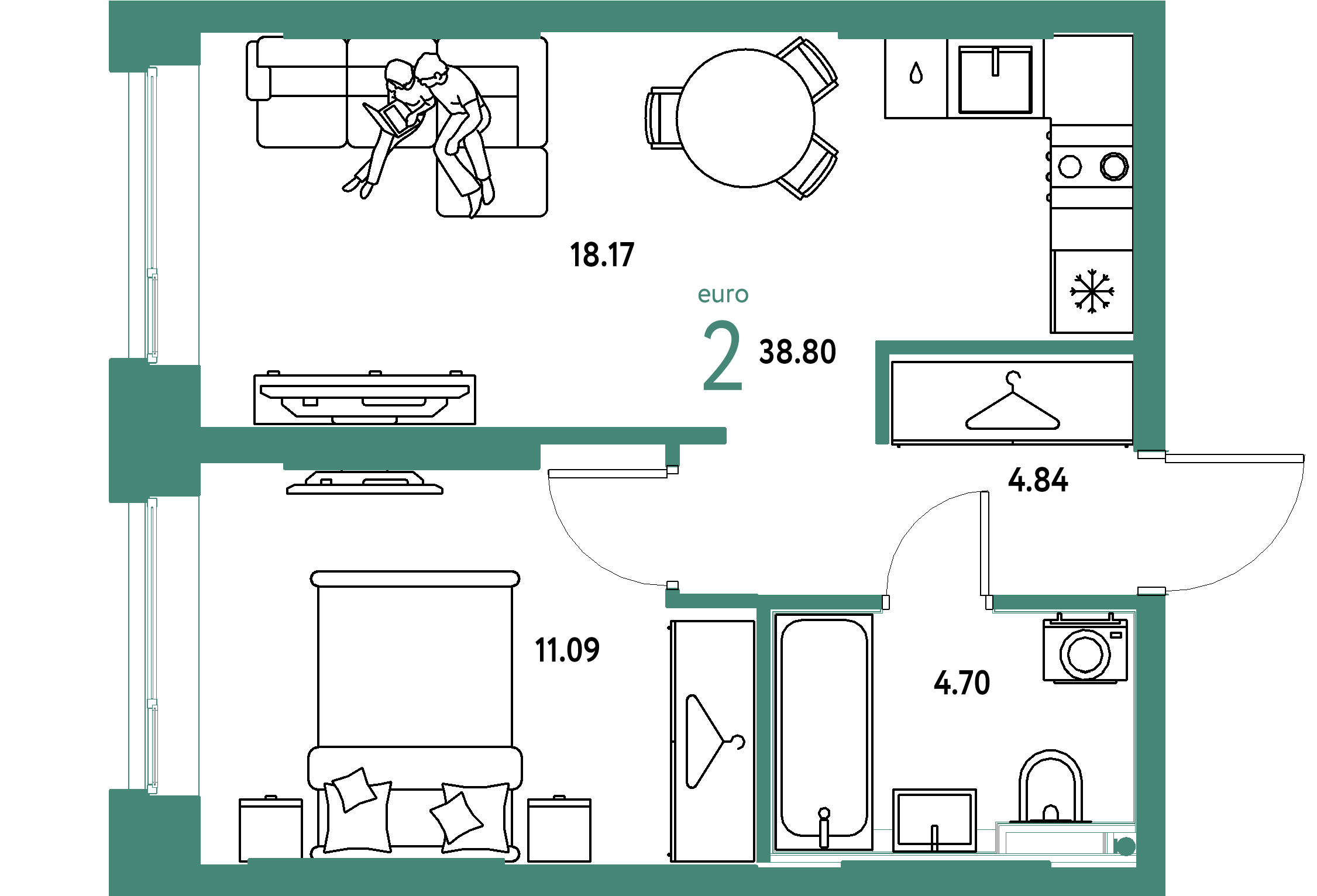 ЖК "Страна.Энтузиастов"-2-комнатная 38.8 м²