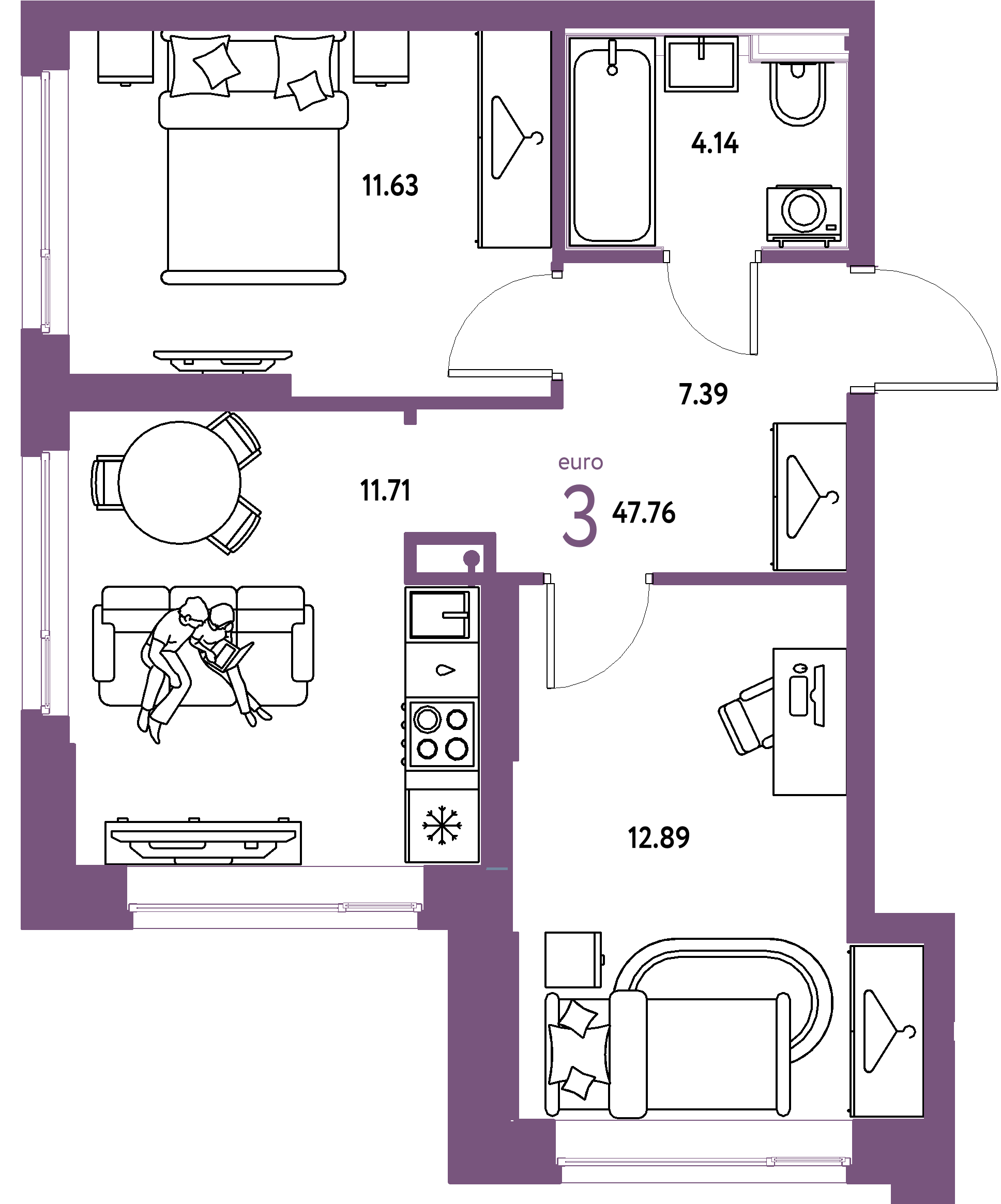 ЖК "Страна.Энтузиастов"-3-комнатная 47.76 м²