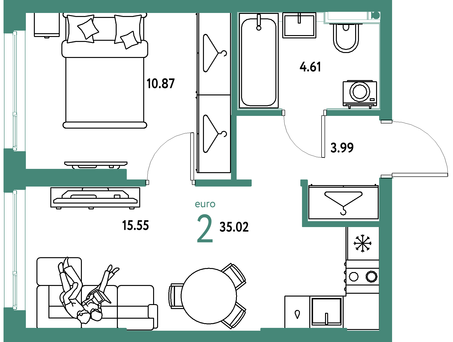 ЖК "Страна.Энтузиастов"-2-комнатная 35.02 м²