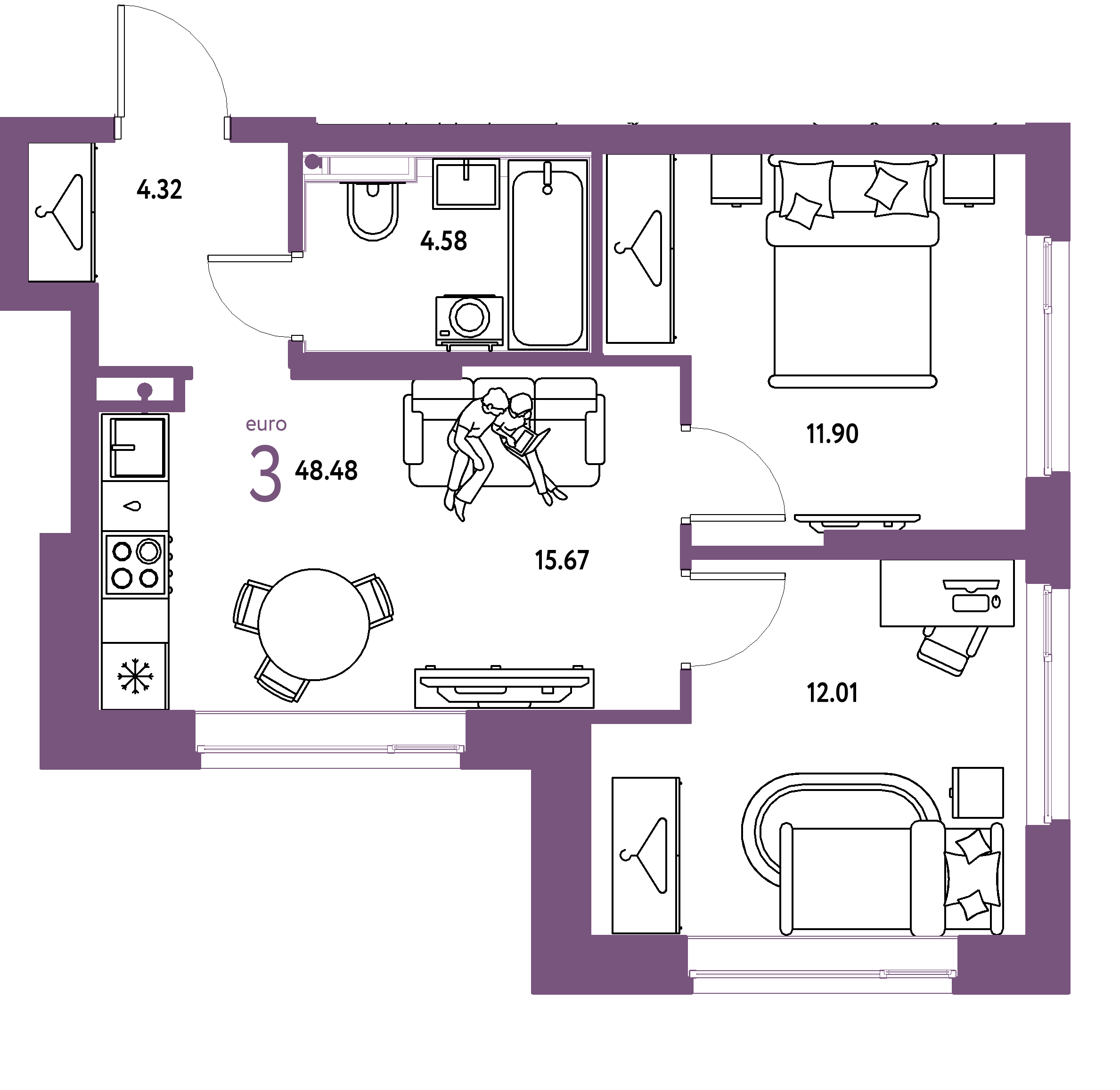 ЖК "Страна.Энтузиастов"-3-комнатная 48.48 м²