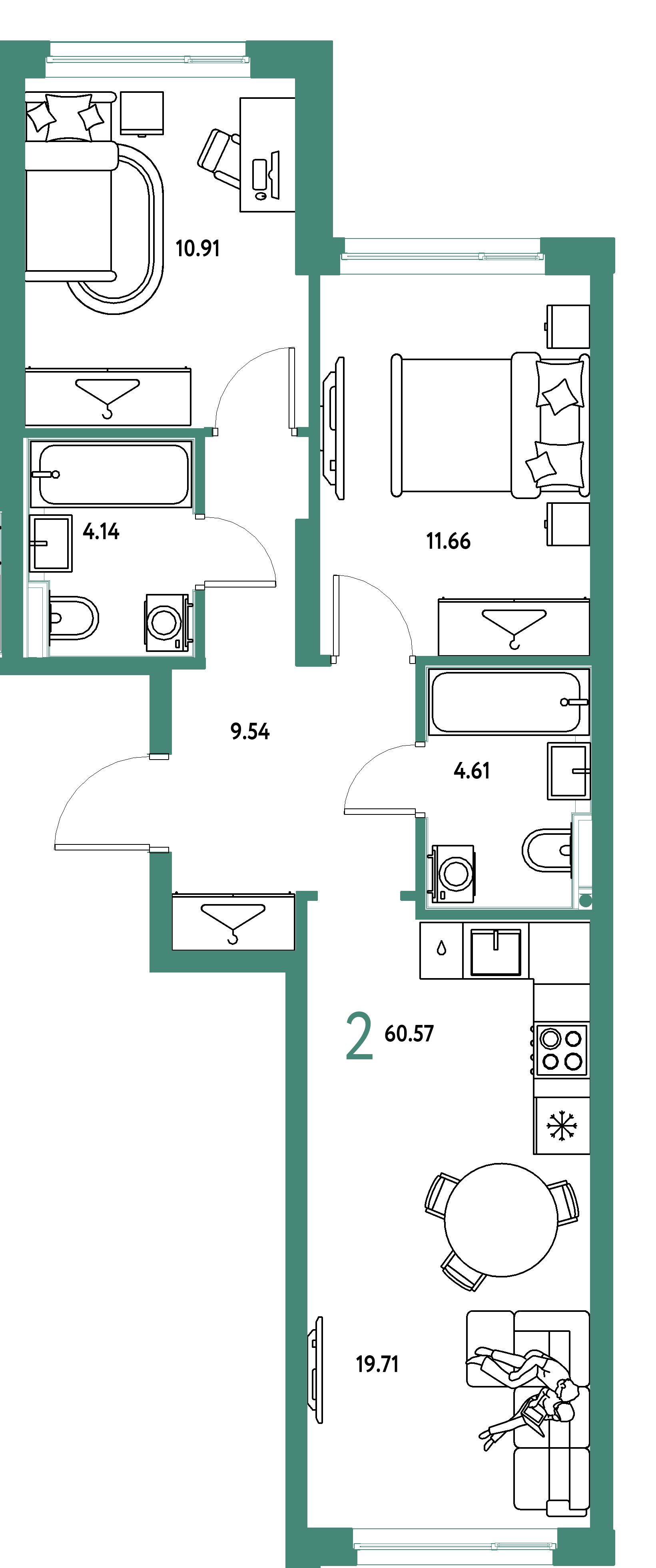 ЖК "Страна.Энтузиастов"-2-комнатная 60.57 м²