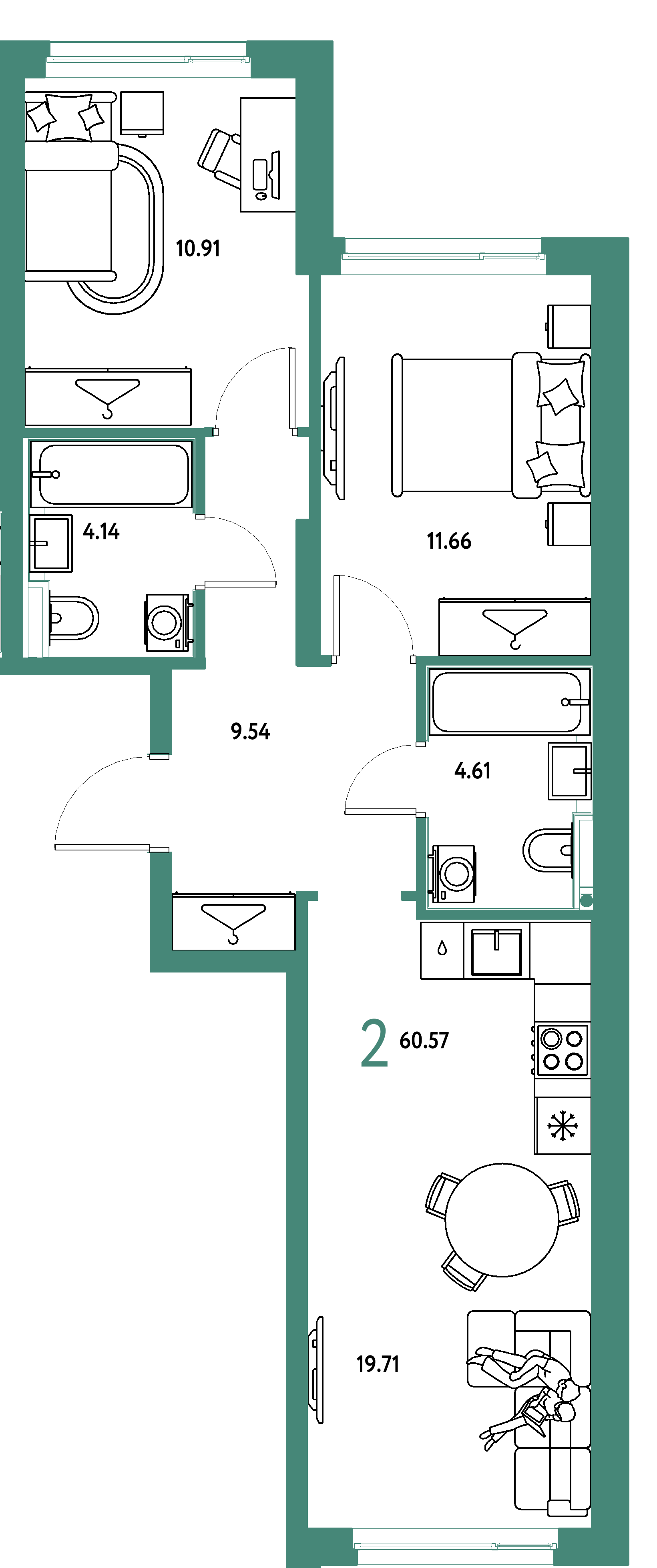 ЖК "Страна.Энтузиастов"-2-комнатная 60.57 м²