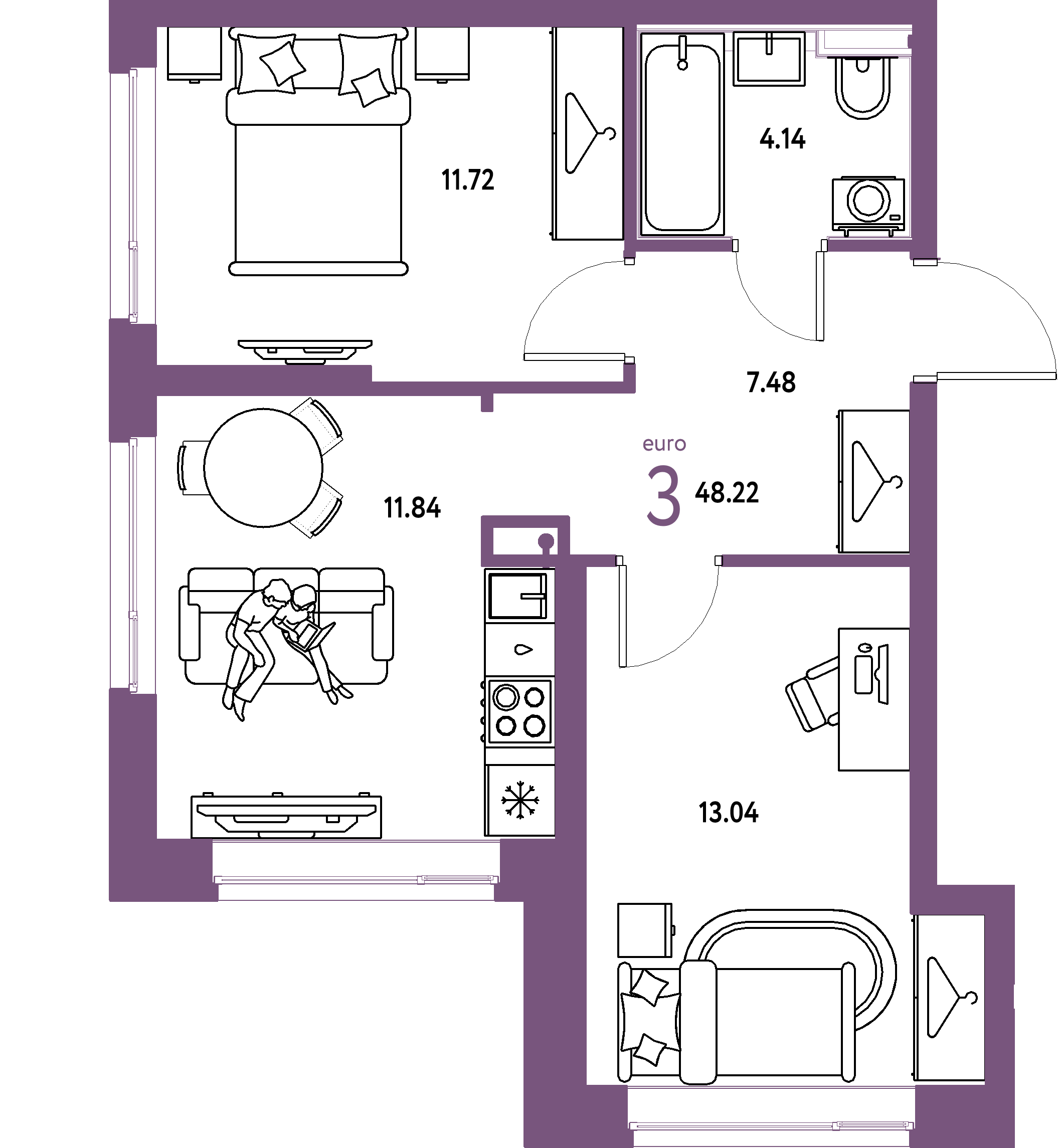 ЖК "Страна.Энтузиастов"-3-комнатная 48.22 м²
