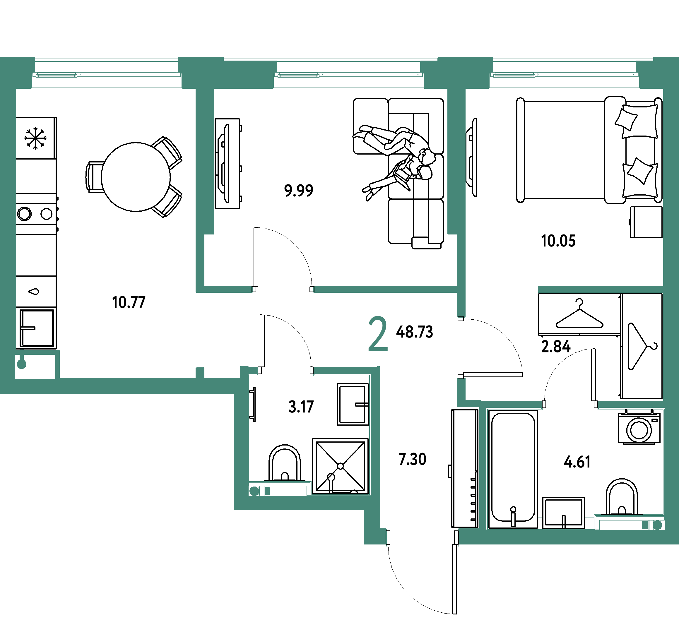 ЖК "Страна.Энтузиастов"-2-комнатная 48.73 м²