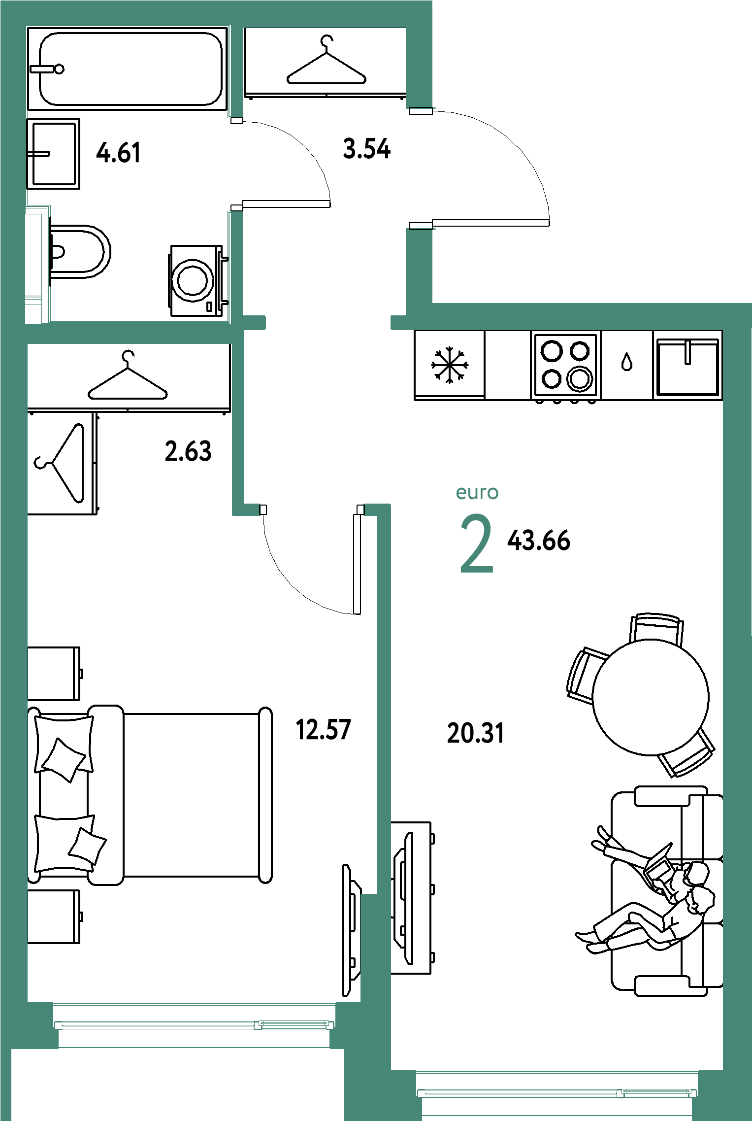 ЖК "Страна.Энтузиастов"-2-комнатная 43.66 м²