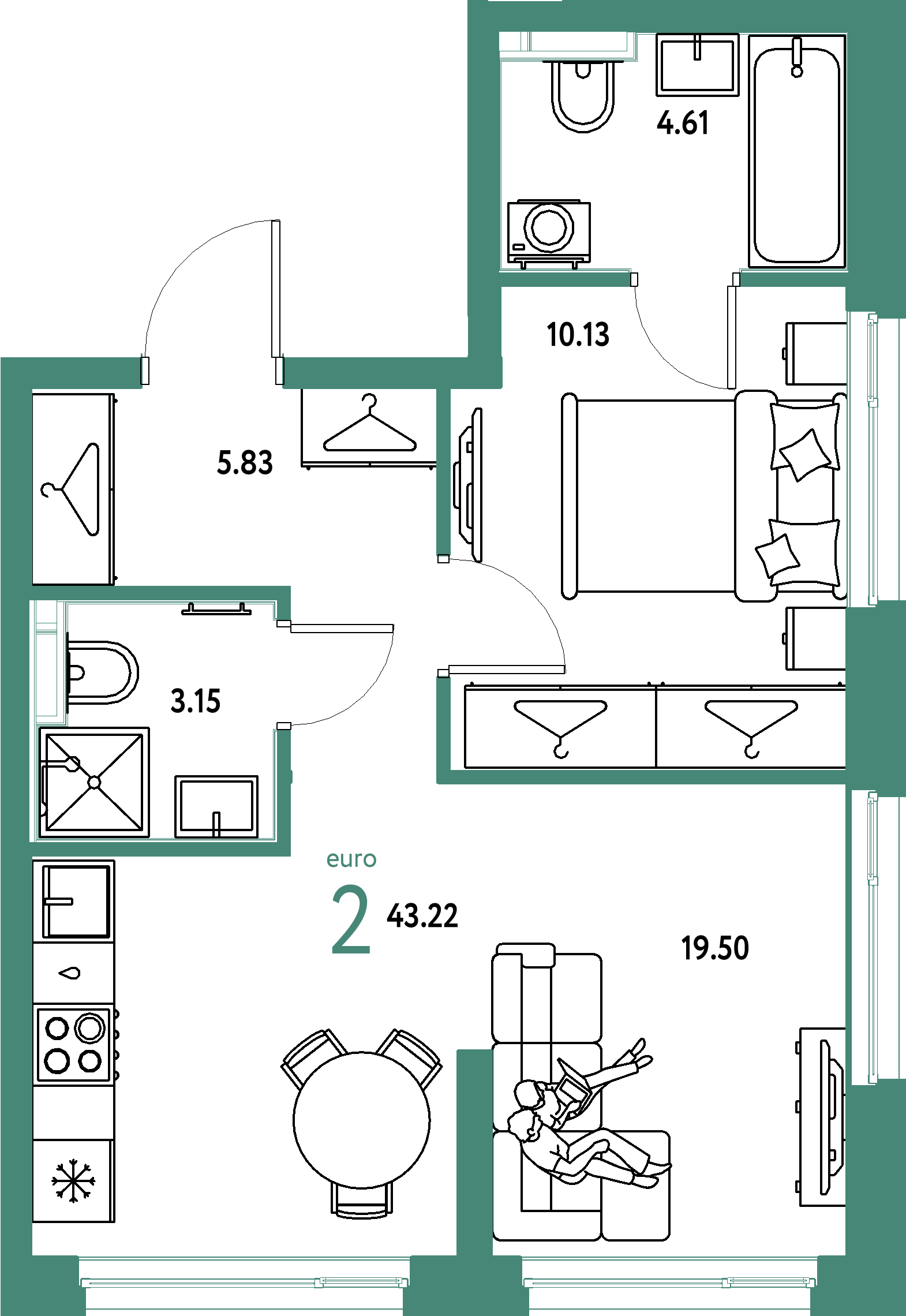 ЖК "Страна.Энтузиастов"-2-комнатная 43.22 м²