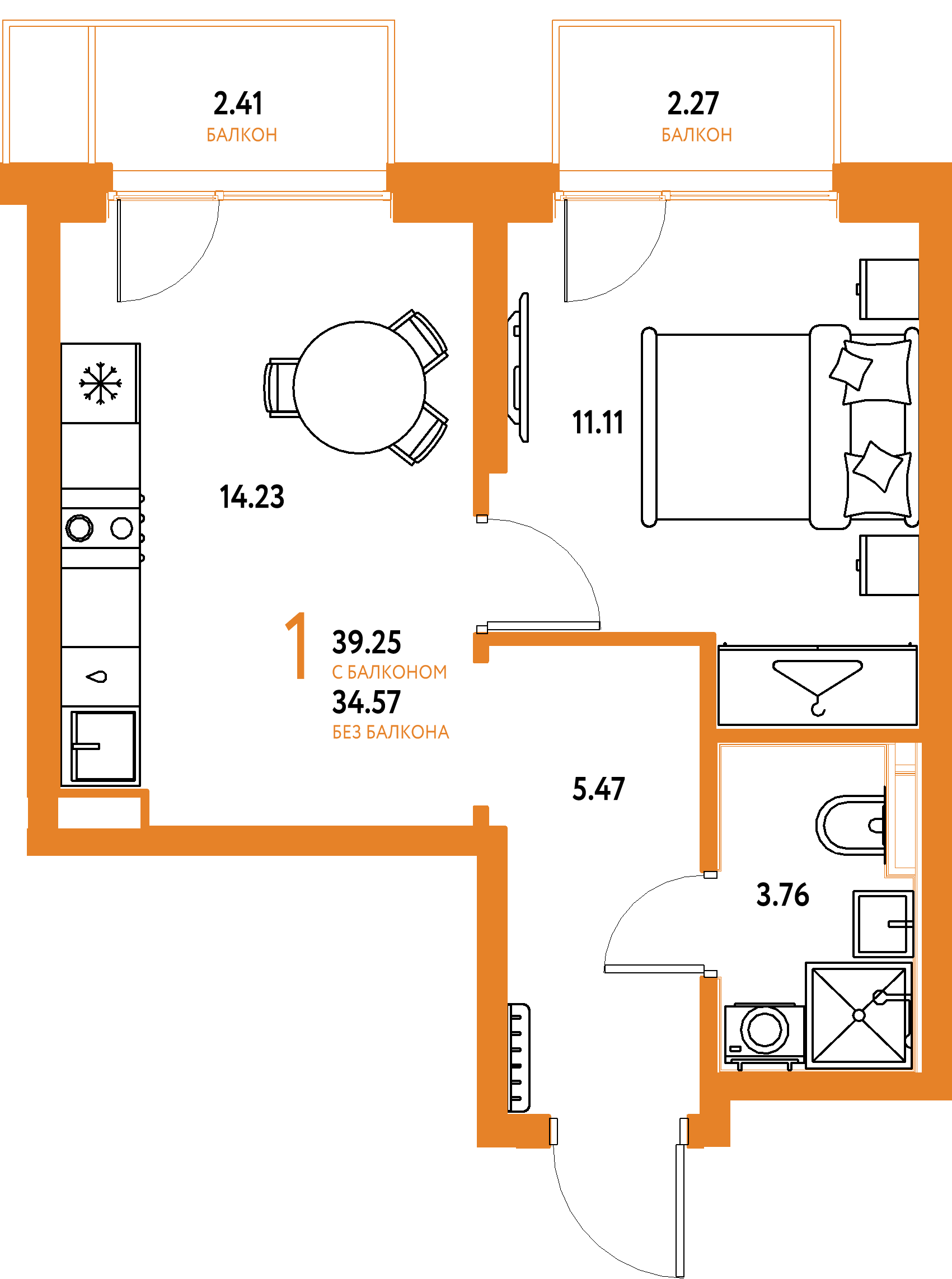 ЖК "Страна.Энтузиастов"-1-комнатная 39.25 м²