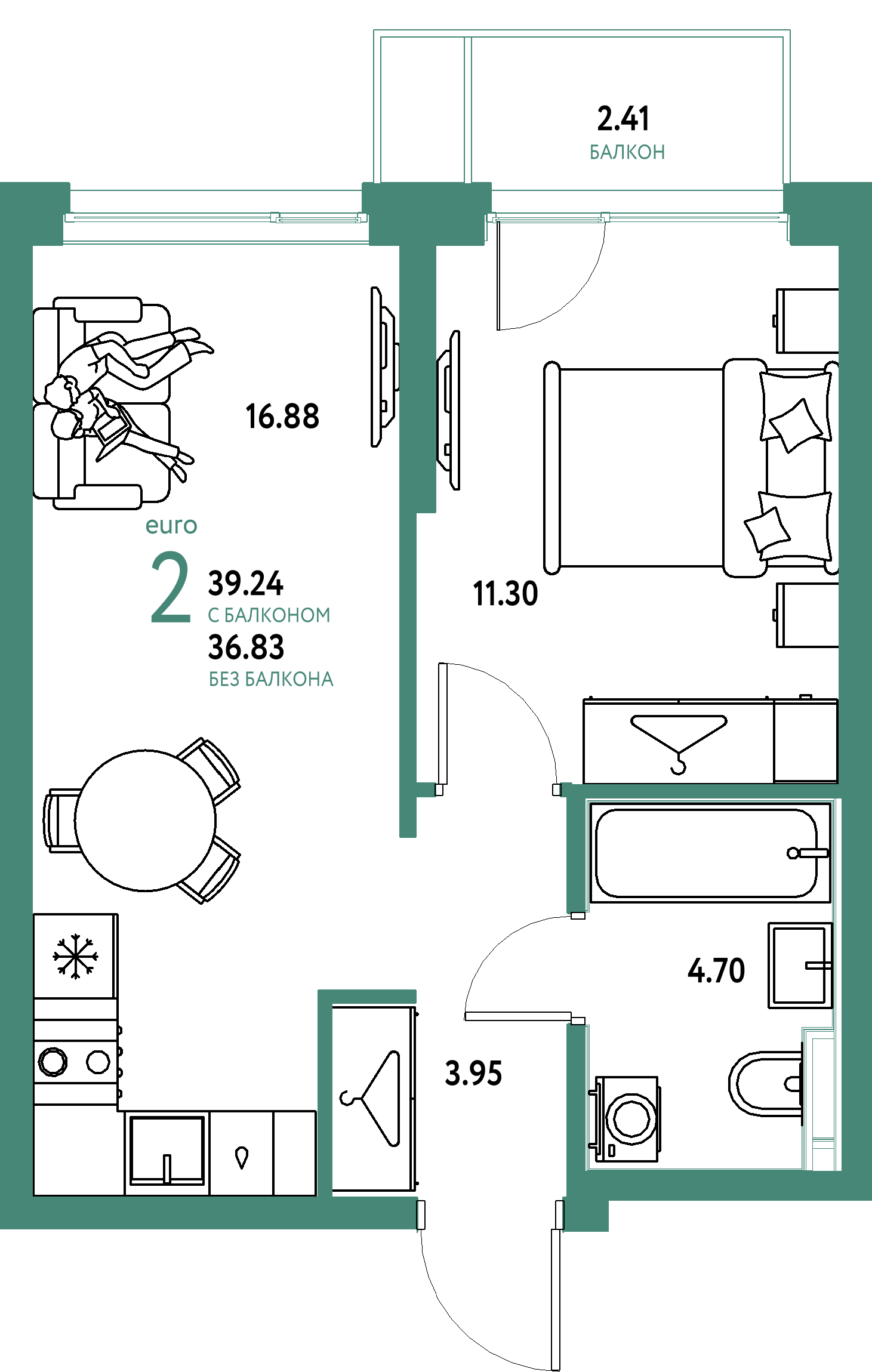 ЖК "Страна.Энтузиастов"-2-комнатная 39.24 м²