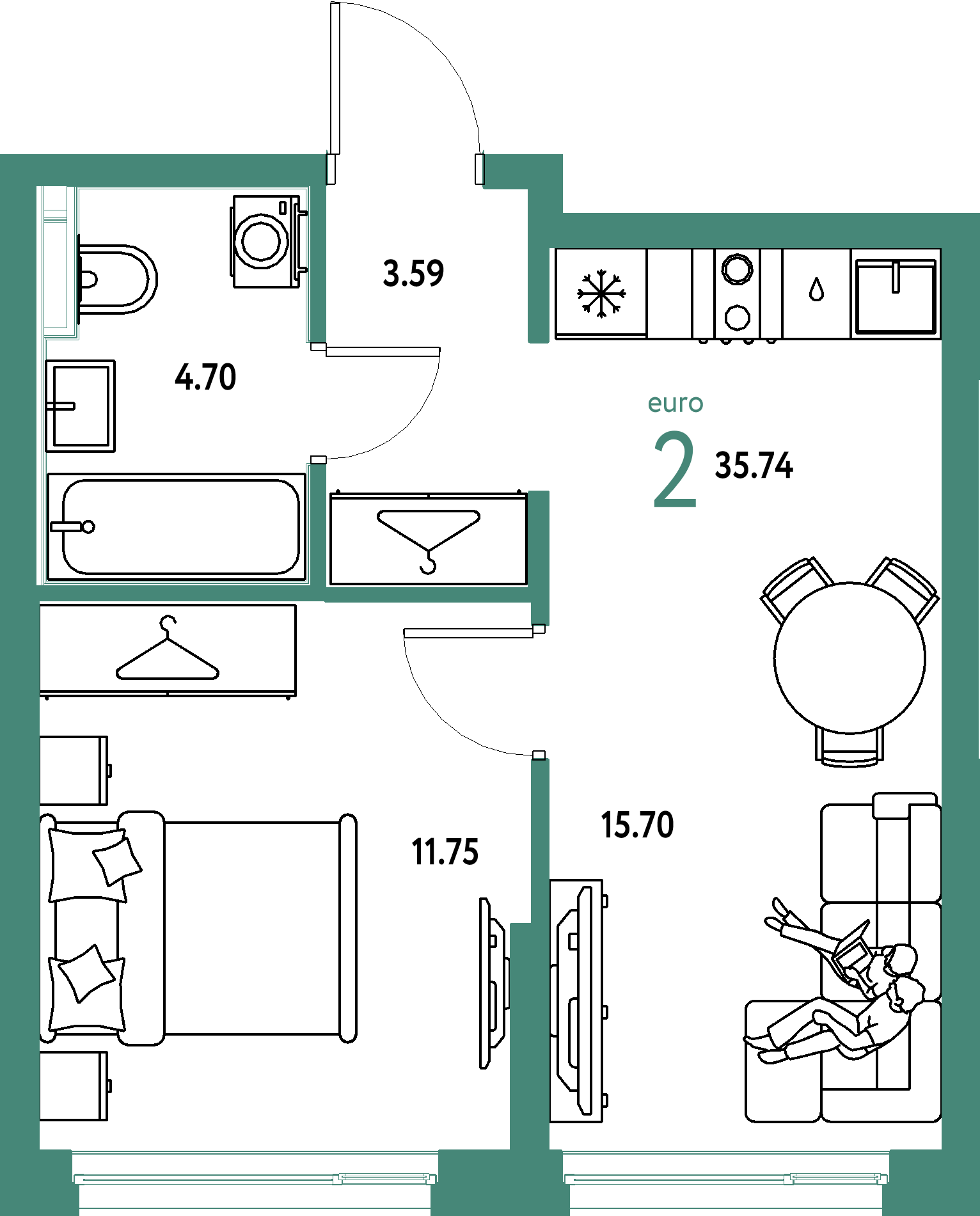 ЖК "Страна.Энтузиастов"-2-комнатная 35.74 м²