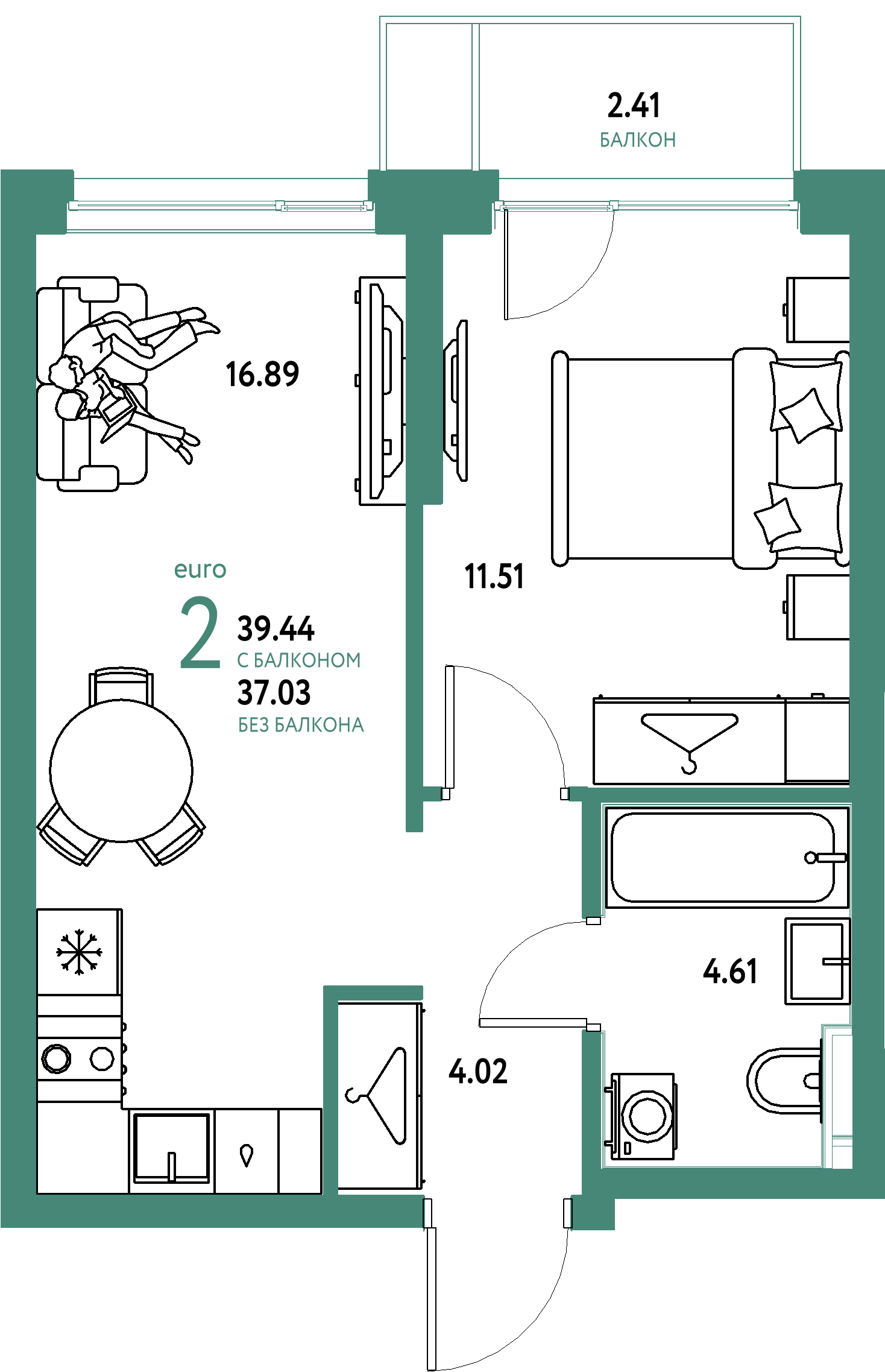 ЖК "Страна.Энтузиастов"-2-комнатная 39.44 м²